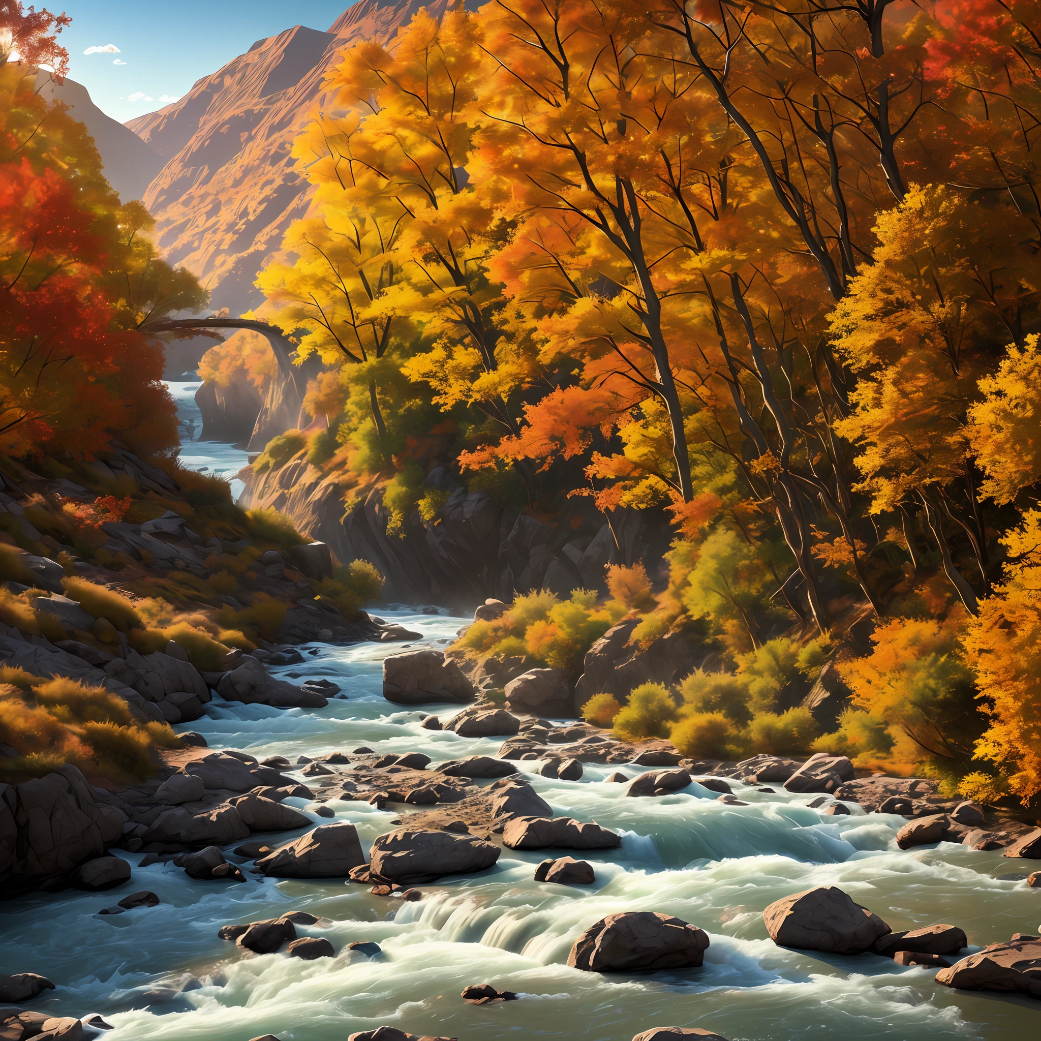 Gorge between mountains with river and trees on the sides of autumn tone, sunny day with clouds, photorealistic, masterpiece, octane, real illumination, volumetric illumination, 8k, Intricate detail --auto