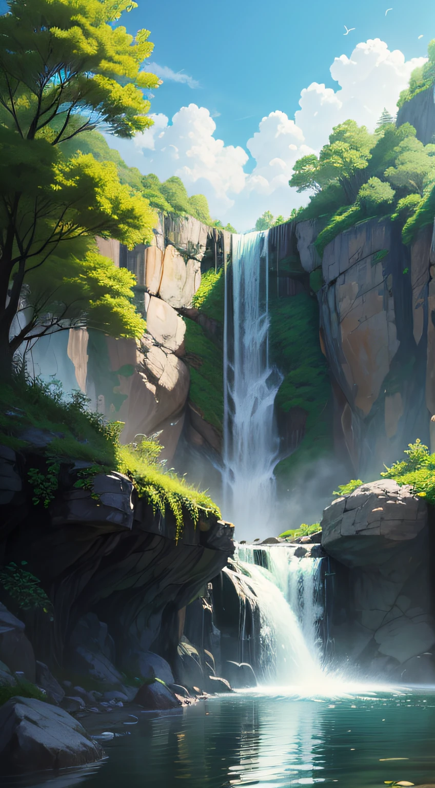 Imagine a stunning landscape full of God's beauty. In the midst of an exuberant natural setting, there is a majestic waterfall, whose crystal clear waters fall from a great height with an impressive force.

The waterfall is surrounded by lush vegetation, with tall, vibrant trees that seem to dance to the music of the water. Sunlight penetrates the leaves of the trees, creating a play of light and shadow that adds even more charm to the scene.

The waters of the waterfall fall into a natural pool, which glows with an intense blue and invites you to a refreshing swim. As the water falls, you can hear the melodious sound, like a symphony created by the divine hands.

Around the waterfall, there are colorful flowers blooming in all the colors of the rainbow. Butterflies and birds fly gracefully, filling the air with their presence and filling our hearts with wonder at the magnificence of God's creation.

As we contemplate this divine landscape with the waterfall as the central point, we are reminded of the greatness of our Creator. It is a reminder of the power and beauty of nature, which invites us to appreciate and protect this precious gift.

This landscape also invites us to reflect on God's presence in our lives. Just as the waterfall pours out its strength, beauty, and vitality, God is always ready to flood us with his love, grace, and mercy. It is a reminder that, just like the waterfall, we can find renewal and hope in God by being washed by his presence and marveling at his creation.