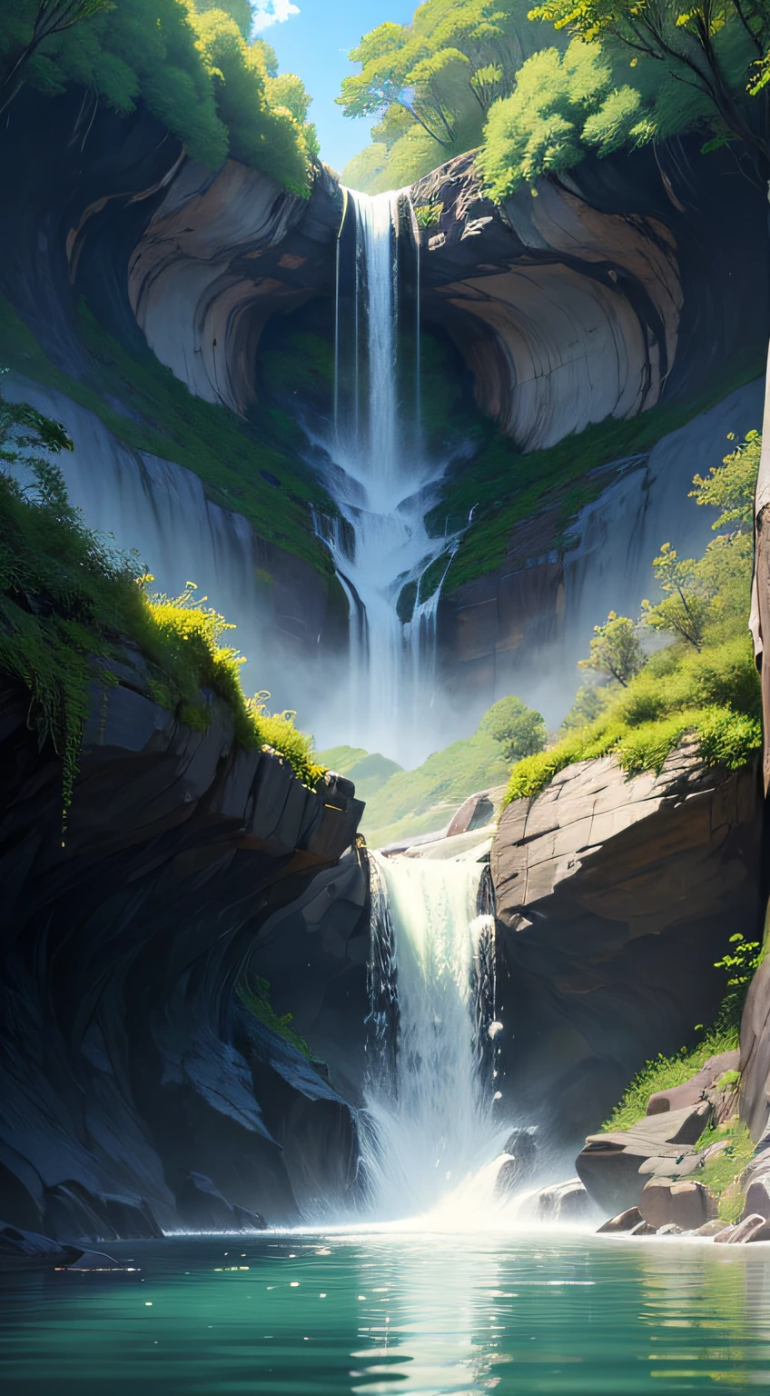 Imagine a stunning landscape full of God's beauty. In the midst of an exuberant natural setting, there is a majestic waterfall, whose crystal clear waters fall from a great height with an impressive force.

The waterfall is surrounded by lush vegetation, with tall, vibrant trees that seem to dance to the music of the water. Sunlight penetrates the leaves of the trees, creating a play of light and shadow that adds even more charm to the scene.

The waters of the waterfall fall into a natural pool, which glows with an intense blue and invites you to a refreshing swim. As the water falls, you can hear the melodious sound, like a symphony created by the divine hands.

Around the waterfall, there are colorful flowers blooming in all the colors of the rainbow. Butterflies and birds fly gracefully, filling the air with their presence and filling our hearts with wonder at the magnificence of God's creation.

As we contemplate this divine landscape with the waterfall as the central point, we are reminded of the greatness of our Creator. It is a reminder of the power and beauty of nature, which invites us to appreciate and protect this precious gift.

This landscape also invites us to reflect on God's presence in our lives. Just as the waterfall pours out its strength, beauty, and vitality, God is always ready to flood us with his love, grace, and mercy. It is a reminder that, just like the waterfall, we can find renewal and hope in God by being washed by his presence and marveling at his creation.