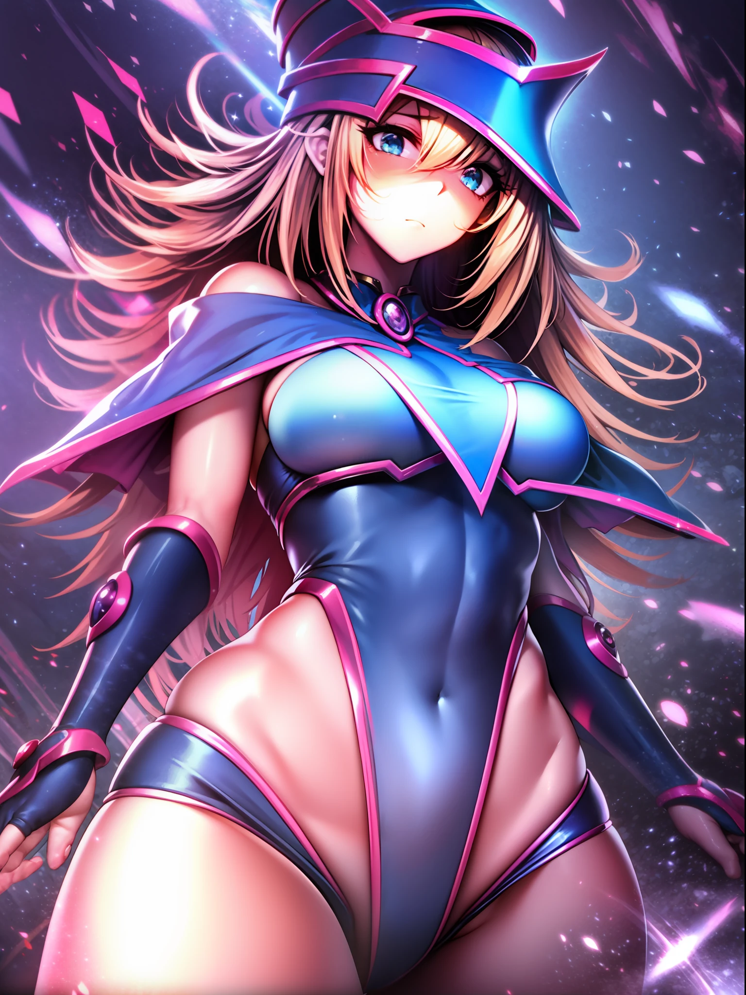 masterpiece, top quality, slender waist, from below, hologram, shy face, dark magician girl