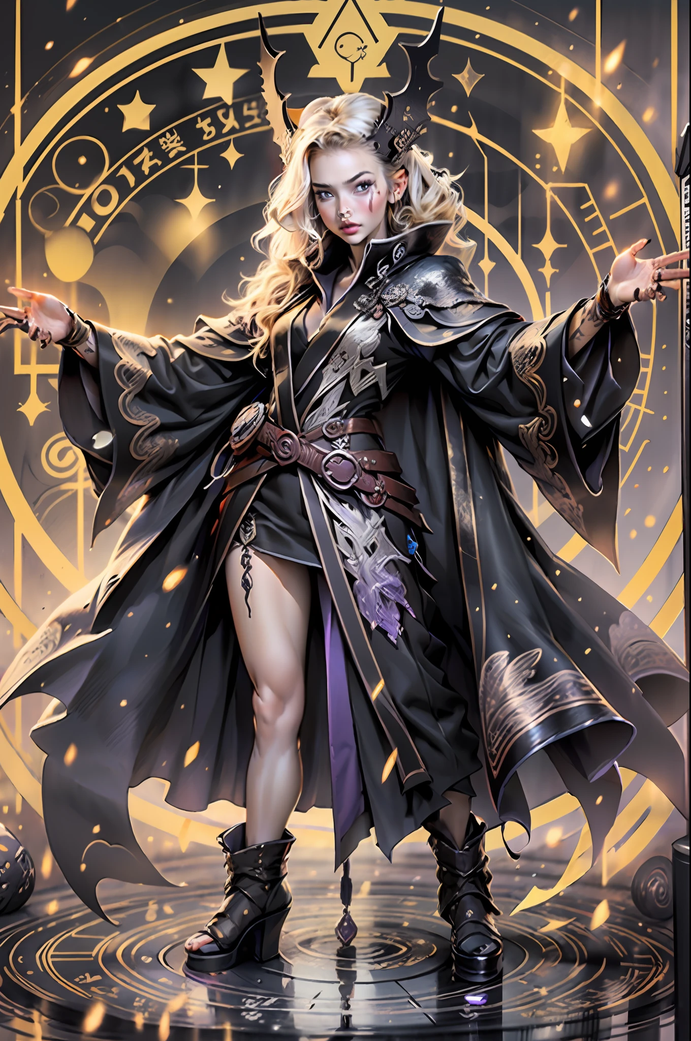 (((extremely detailed face))),(((best quality)))1 woman, 8k, a beautiful blonde sorceress in black clothing, black cape with purple details and high boot, standing on a platform, ((standing and front)), looking at the viewer, (extremely intricate robes, magic robes), more detail in the magic circle in the background, magic circle, casting a spell,  black aura,costume cloak, spell pose, female wizard conjuring a spell, magic, purple and black, night, purple star talisman, pores detailed, arms open