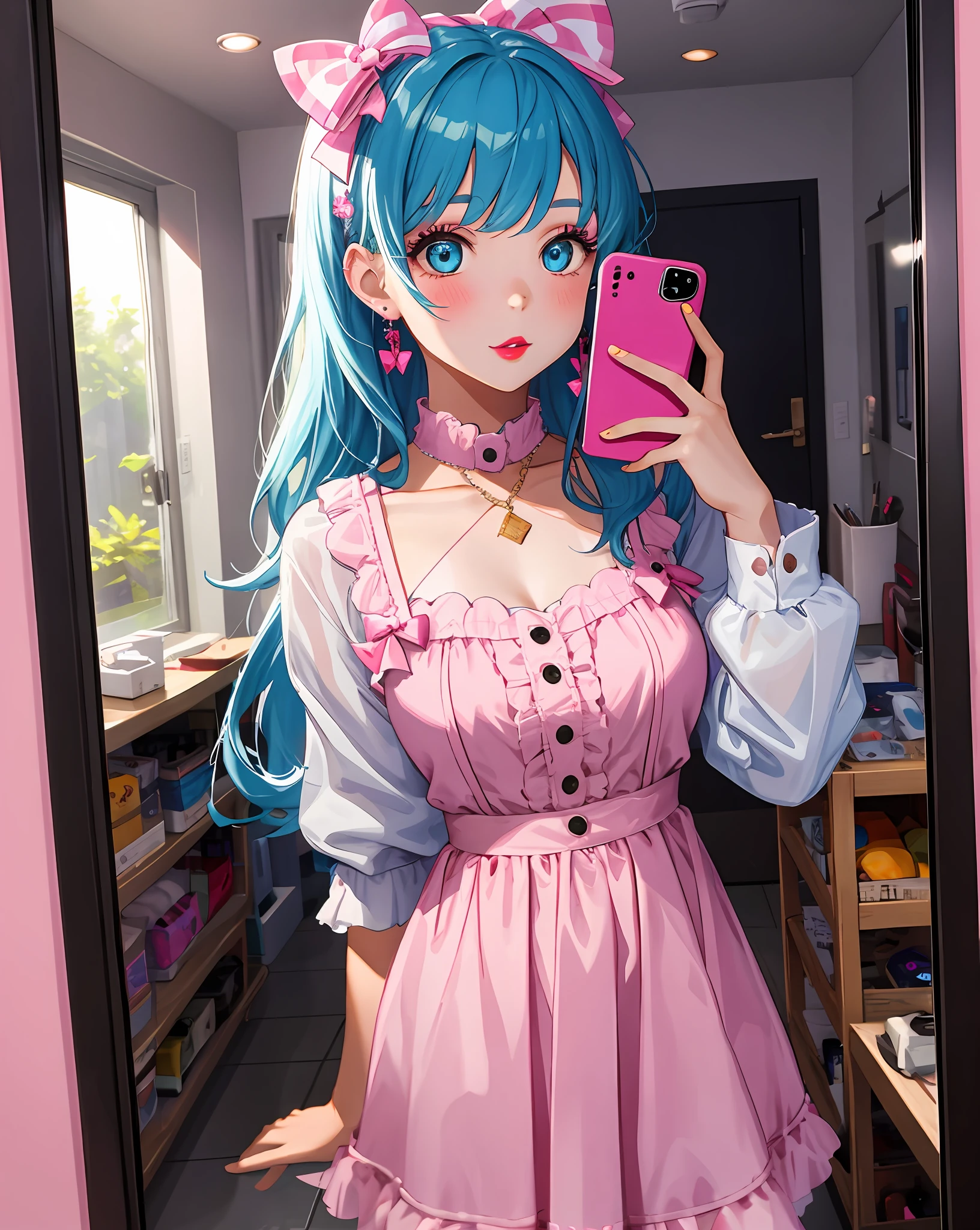 (1girl), blonde with blue hair , holding up a cell phone in a mirror, ulzzang, 8k selfie photograph, iphone selfie, 8k selfie photograph, newest iphone, new smartphone, cute phonecase in pink, cute dress with big bows, long eyelashes in light pink color, blush, makeup, lipstick, fashion bag, --s2