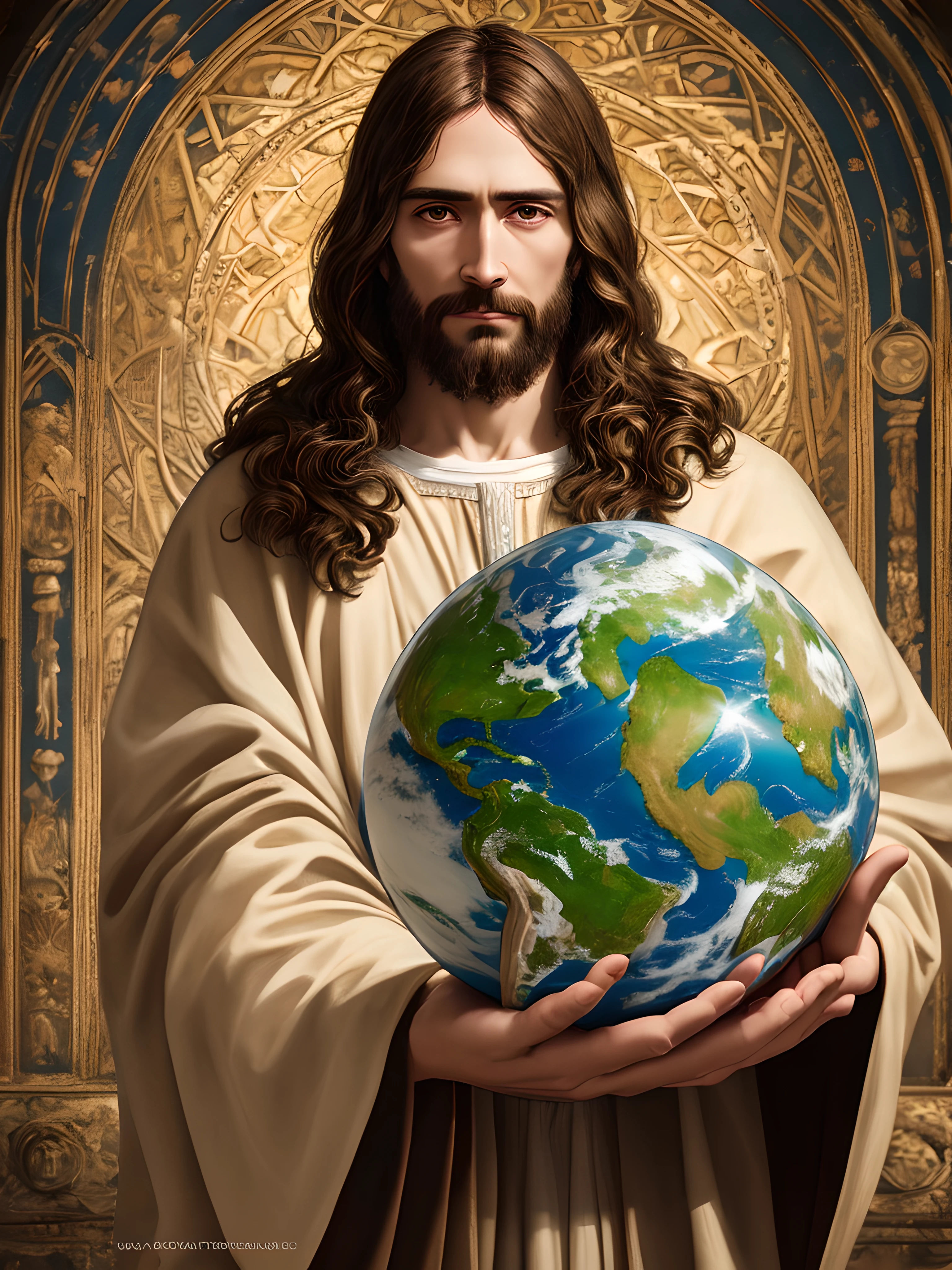 Realistic masterpiece in 8k with perfect anatomy: Jesus Christ holding planet Earth in one hand, with an undeformed face, cinematic lighting, depth of field, bokeh, realism, photorealistic, hyperrealism, professional photography