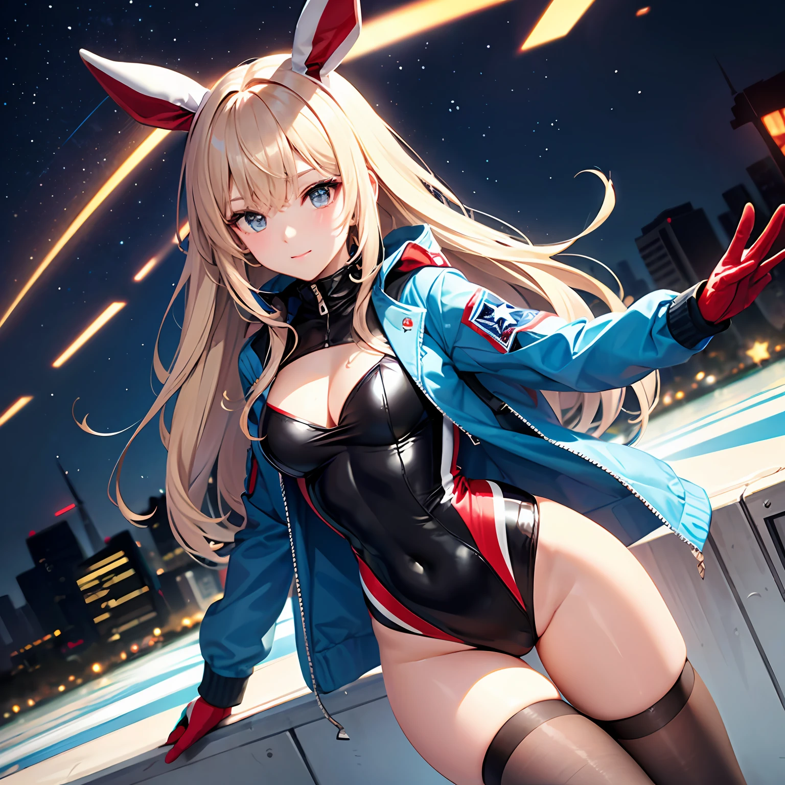 Your ideal beautiful girl wearing leotard (blue line+ red + white star)+jacket(
camouflage), globe, rolling