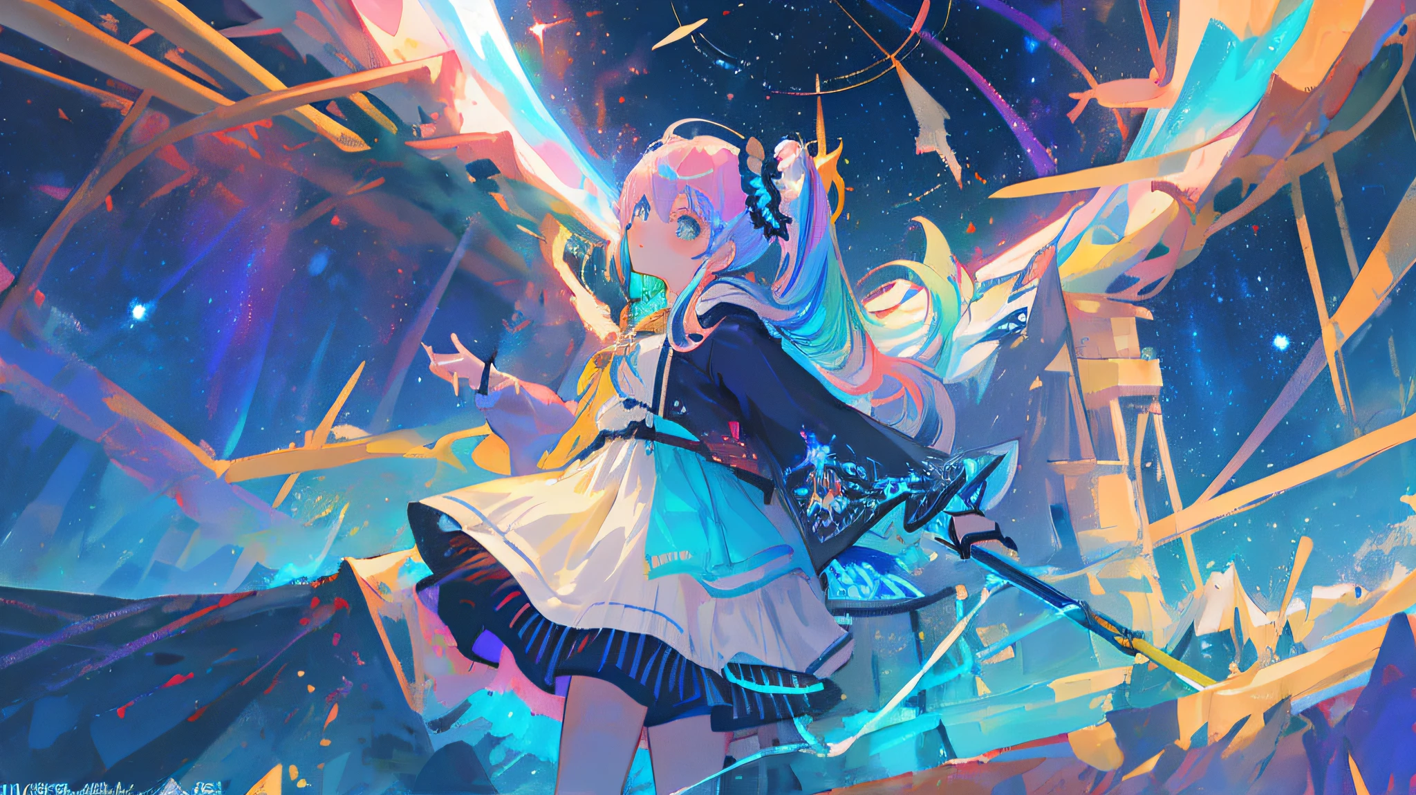 a 1girl, masterpiece, upper body, best_quality, (gradient hair), twin tails, (aqua eyes), beautiful beautiful eyes, smile, dramatic light source, black lace dress, (((full body)), (night view), (((shooting star))