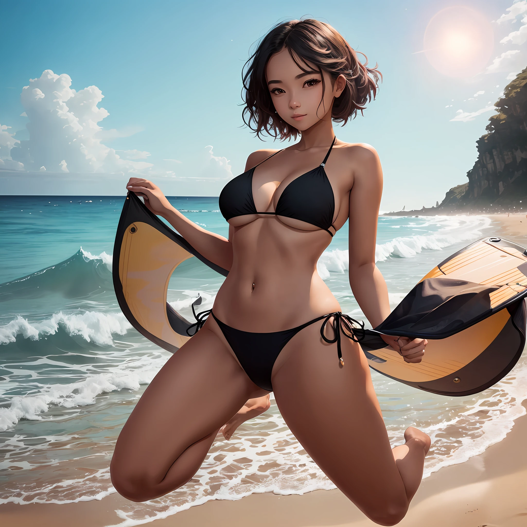 A young women embracing their bodies and enjoying the sun-kissed beach in their stylish micro bikinis, black young woman, jumping in the beach, happy, wearing black bikini, beautiful woman, only one woman in scene, in front of a beach, jumping over de waves, in position with her face look to the camera, camera with wide angle lens, she is wearing simple tight clothes, black bikini, beautiful girl standing, looking at camera, huge, file size, ultra detailed, highres, extremely detailed, detailed beautiful girl, extremely detailed eyes and face, beautiful detailed eyes , light on face, ((only one girl in scene)) --auto