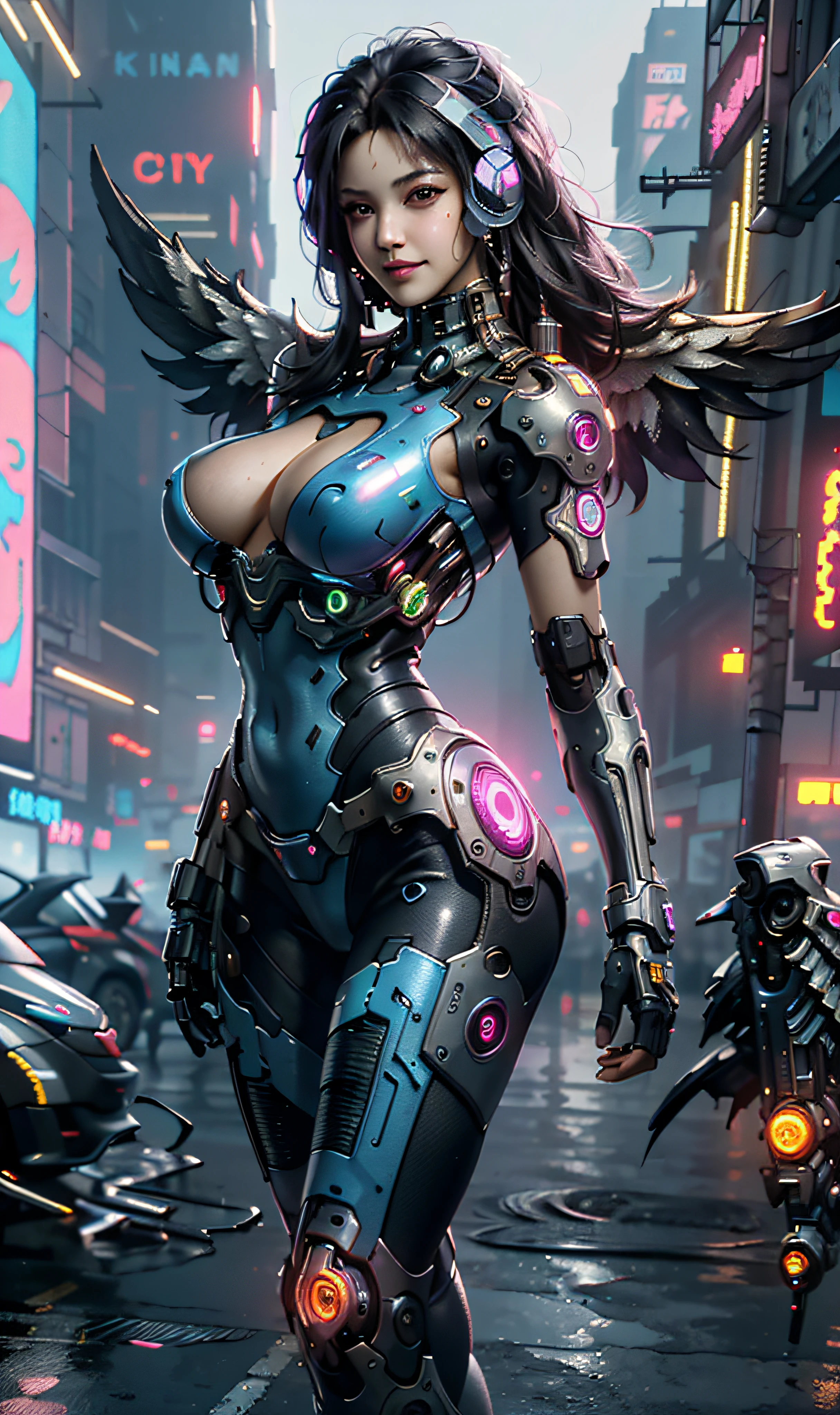 16k, masterpiece,(best quality),highly-detailed,ultra-detailed,1girl, big breast, breast window,(mechanical wings),(cyberpunkcity:1.5),(fantasylandscape:1.2, natural lighting:1.5, confident expression),(panorama:1.2), victory pose, mecha, smile, angle,Angels, wings, gold,raw