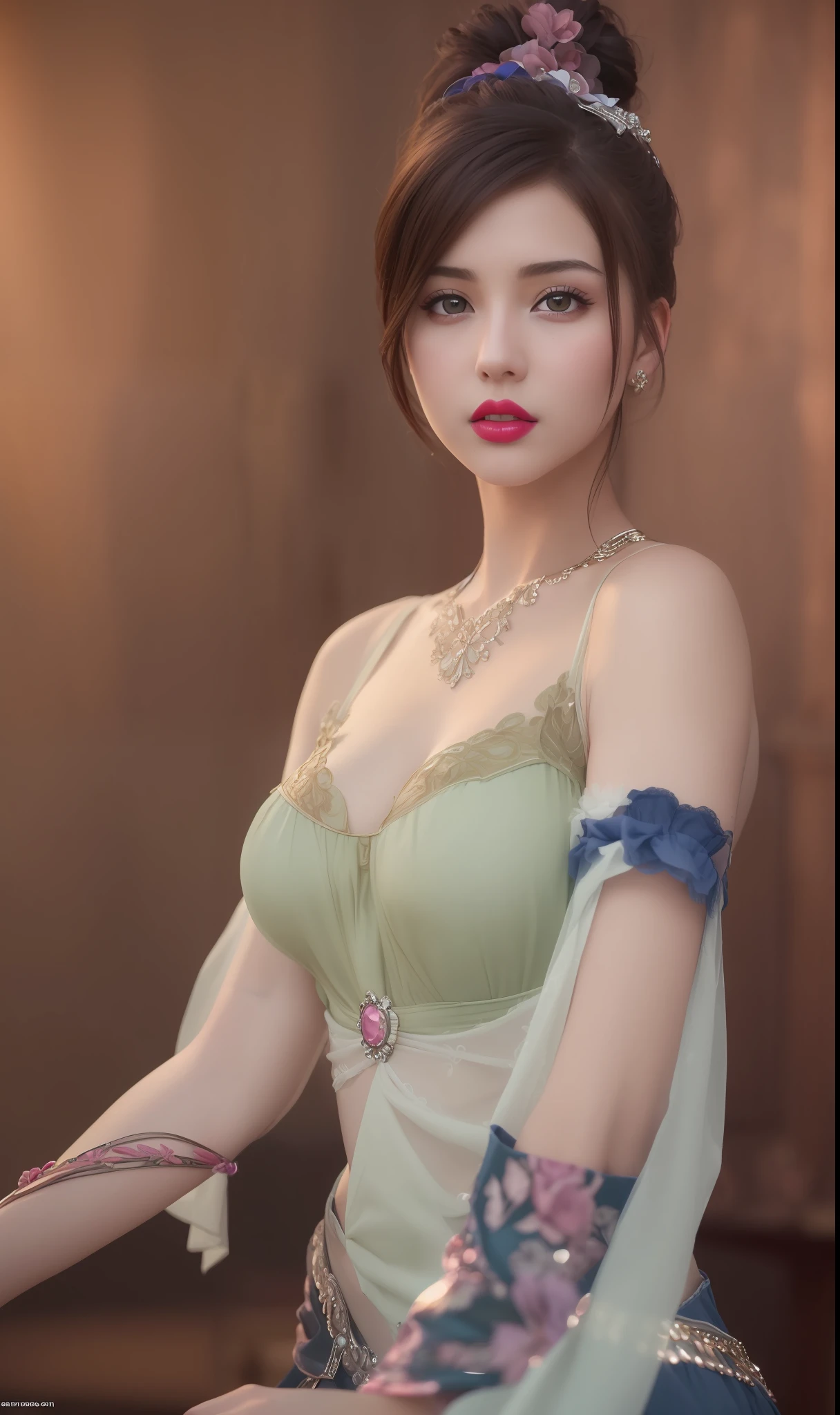 (masterpiece, best quality, extremely detailed 8k, ultra hd, ultra-detailed, highly detailed, highly realistic, ultra-realistic, photo realistic), (1girl:1.5), (detailed realistic skin), (realistic big breasts), (pink lipstick), slender abs,