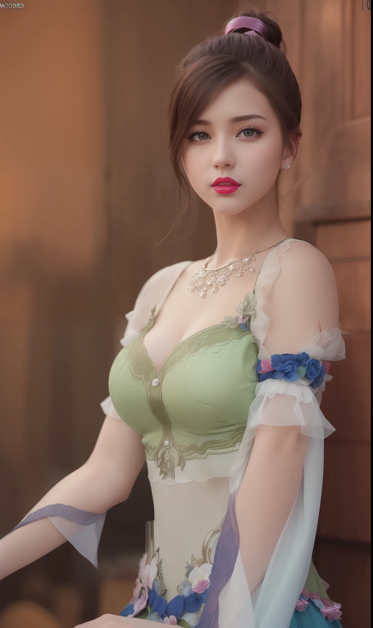 (masterpiece, best quality, extremely detailed 8k, ultra hd, ultra-detailed, highly detailed, highly realistic, ultra-realistic, photo realistic), (1girl:1.5), (detailed realistic skin), (realistic big breasts), (pink lipstick), slender abs,