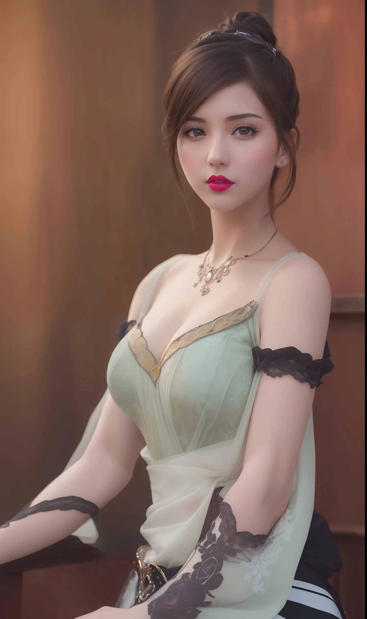 (masterpiece, best quality, extremely detailed 8k, ultra hd, ultra-detailed, highly detailed, highly realistic, ultra-realistic, photo realistic), (1girl:1.5), (detailed realistic skin), (realistic big breasts), (pink lipstick), slender abs,