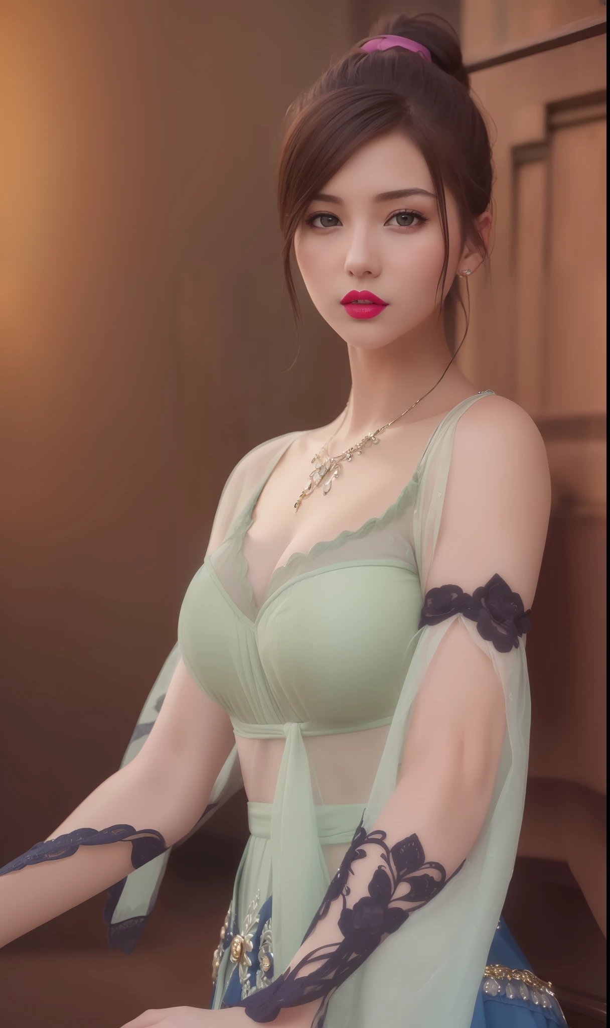 (masterpiece, best quality, extremely detailed 8k, ultra hd, ultra-detailed, highly detailed, highly realistic, ultra-realistic, photo realistic), (1girl:1.5), (detailed realistic skin), (realistic big breasts), (pink lipstick), slender abs,