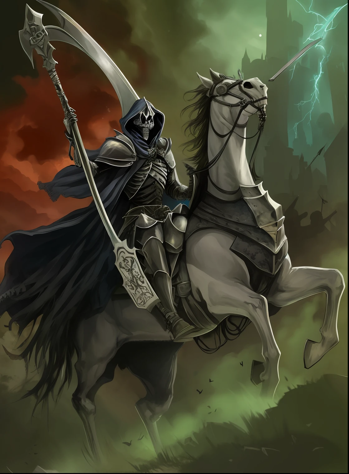 arafed knight on a horse with a scythe on his back, the harbringer of death, horsemen of the apocalypse, reaper of night!!!!, skeleton knight, wraiths riding in the sky, undead knight, skeleton warrior, the grim reaper, grim reaper, the king of death, lich vecna (d&d), the third horseman --auto