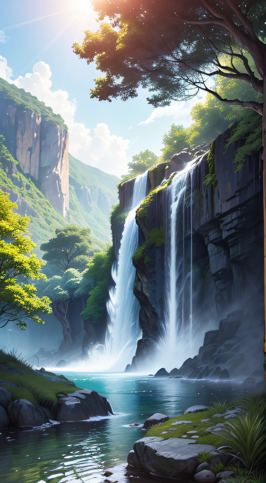 Imagine a stunning landscape full of God's beauty. In the midst of an exuberant natural setting, there is a majestic waterfall, whose crystal clear waters fall from a great height with an impressive force.

The waterfall is surrounded by lush vegetation, with tall, vibrant trees that seem to dance to the music of the water. Sunlight penetrates the leaves of the trees, creating a play of light and shadow that adds even more charm to the scene.

The waters of the waterfall fall into a natural pool, which glows with an intense blue and invites you to a refreshing swim. As the water falls, you can hear the melodious sound, like a symphony created by the divine hands.

Around the waterfall, there are colorful flowers blooming in all the colors of the rainbow. Butterflies and birds fly gracefully, filling the air with their presence and filling our hearts with wonder at the magnificence of God's creation.

As we contemplate this divine landscape with the waterfall as the central point, we are reminded of the greatness of our Creator. It is a reminder of the power and beauty of nature, which invites us to appreciate and protect this precious gift.

This landscape also invites us to reflect on God's presence in our lives. Just as the waterfall pours out its strength, beauty, and vitality, God is always ready to flood us with his love, grace, and mercy. It is a reminder that, just like the waterfall, we can find renewal and hope in God by being washed by his presence and marveling at his creation.