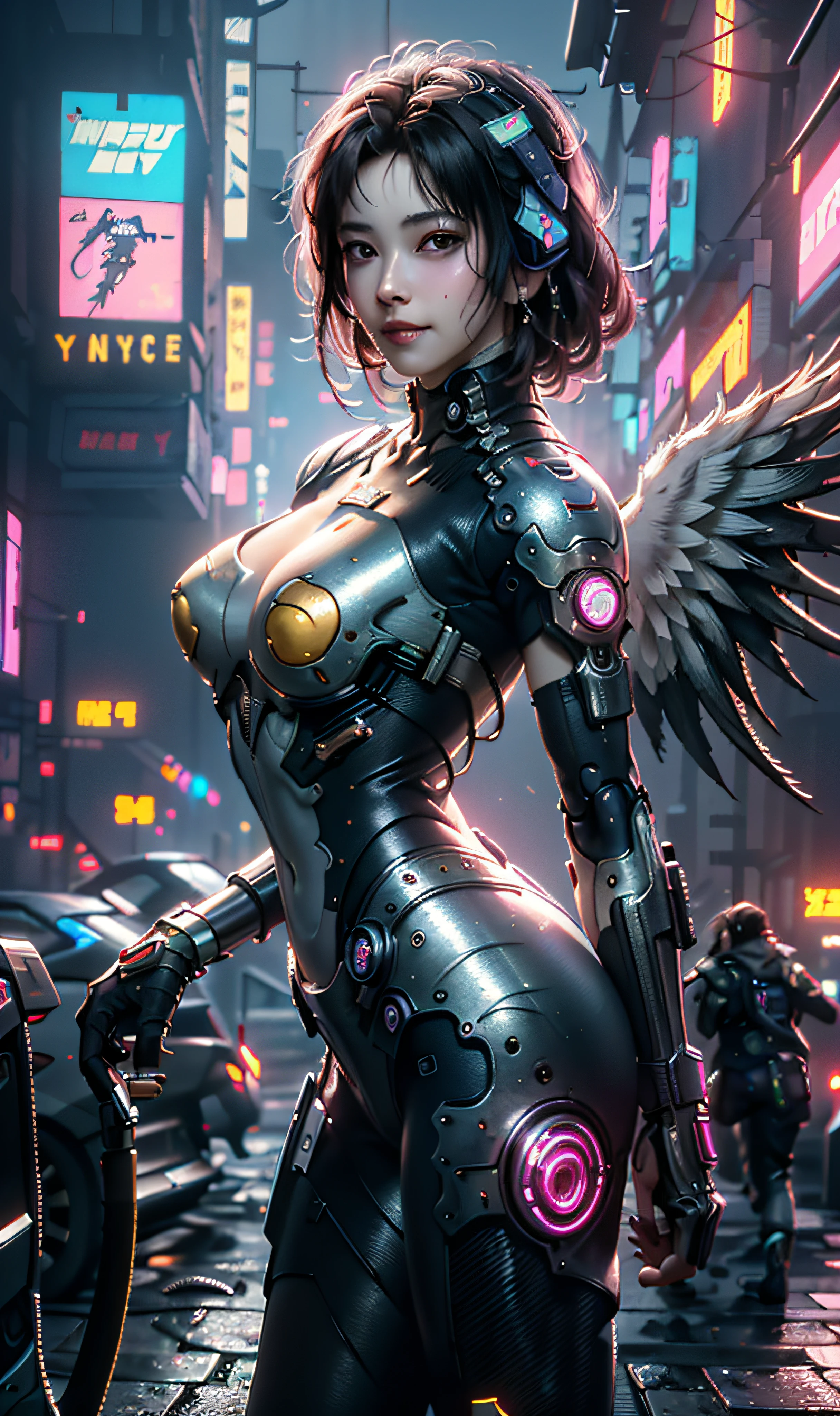 16k, masterpiece,(best quality),highly-detailed,ultra-detailed,1girl, big breast, breast window,(mechanical wings),(cyberpunkcity:1.5),(fantasylandscape:1.2, natural lighting:1.5, confident expression),(panorama:1.2), archer pose, mecha, smile, angle,Angels, wings, gold,raw