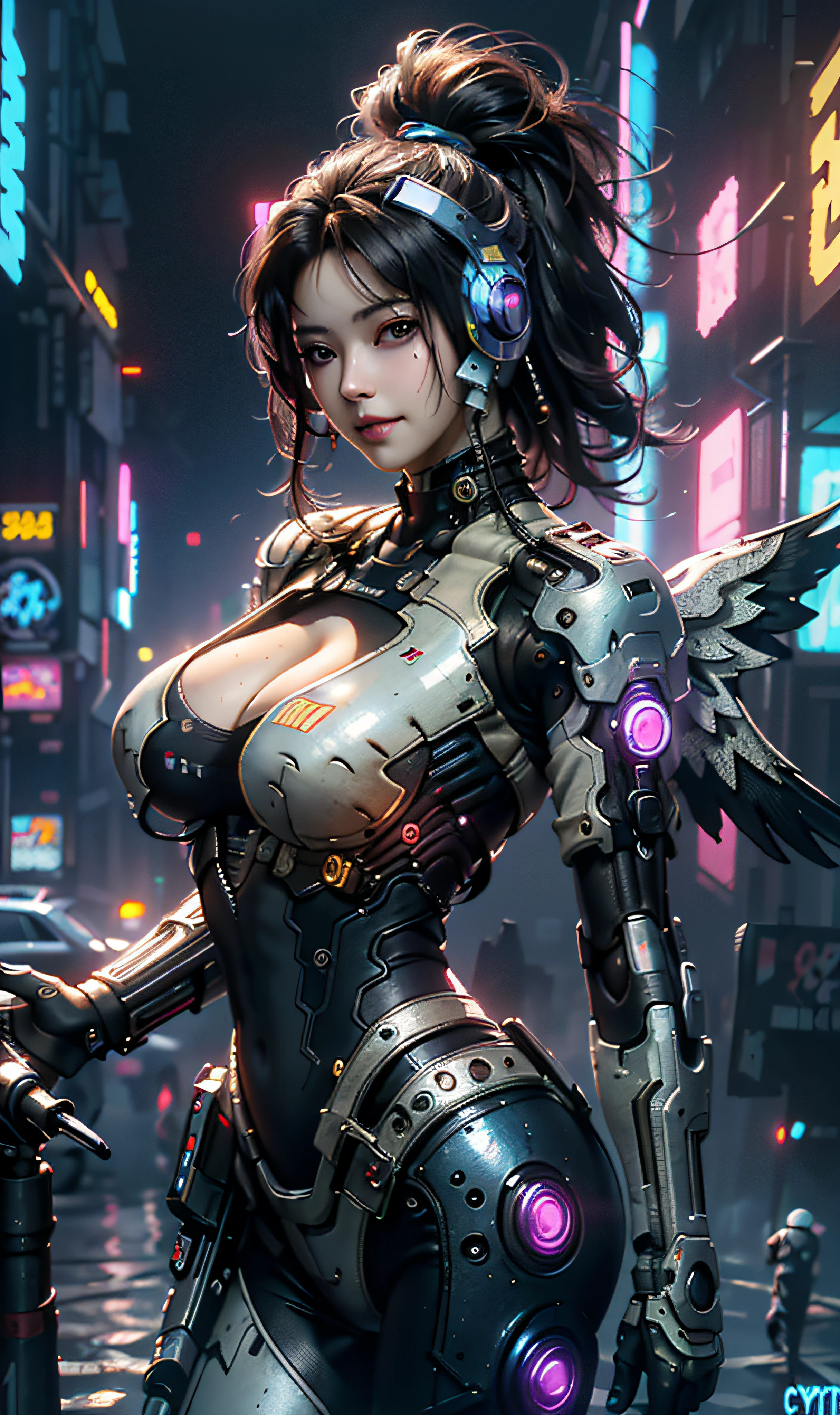 16k, masterpiece,(best quality),highly-detailed,ultra-detailed,1girl, big breast, breast window,(mechanical wings),(cyberpunkcity:1.5),(fantasylandscape:1.2, natural lighting:1.5, confident expression),(panorama:1.2),  archer pose, mecha, smile, angle,Angels, wings, gold,raw