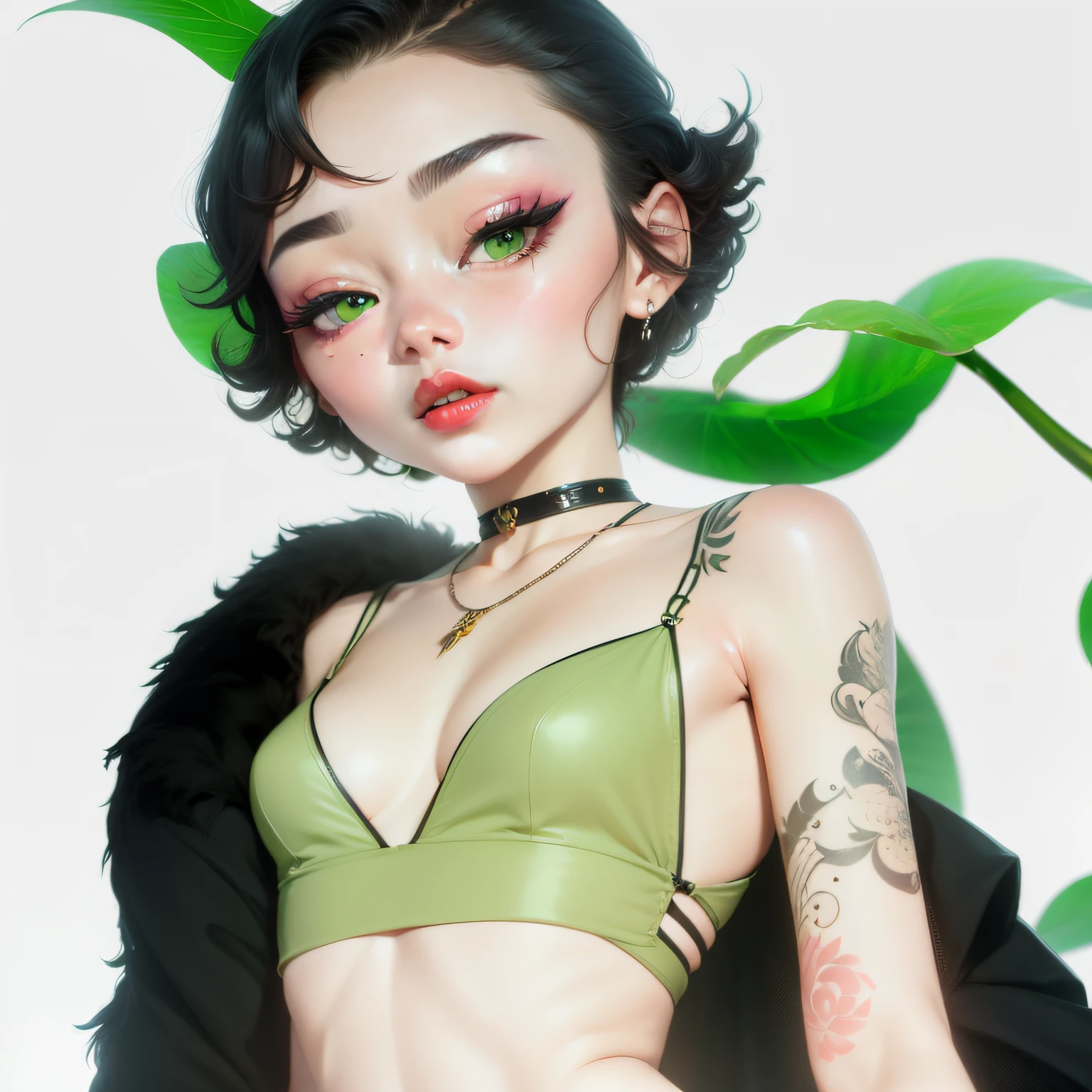 Royal sister, high cold, oriental classical beauty, arm text tattoo, cold feeling, big red lips, green pupils, curved willow leaf eyebrows, 8k --auto