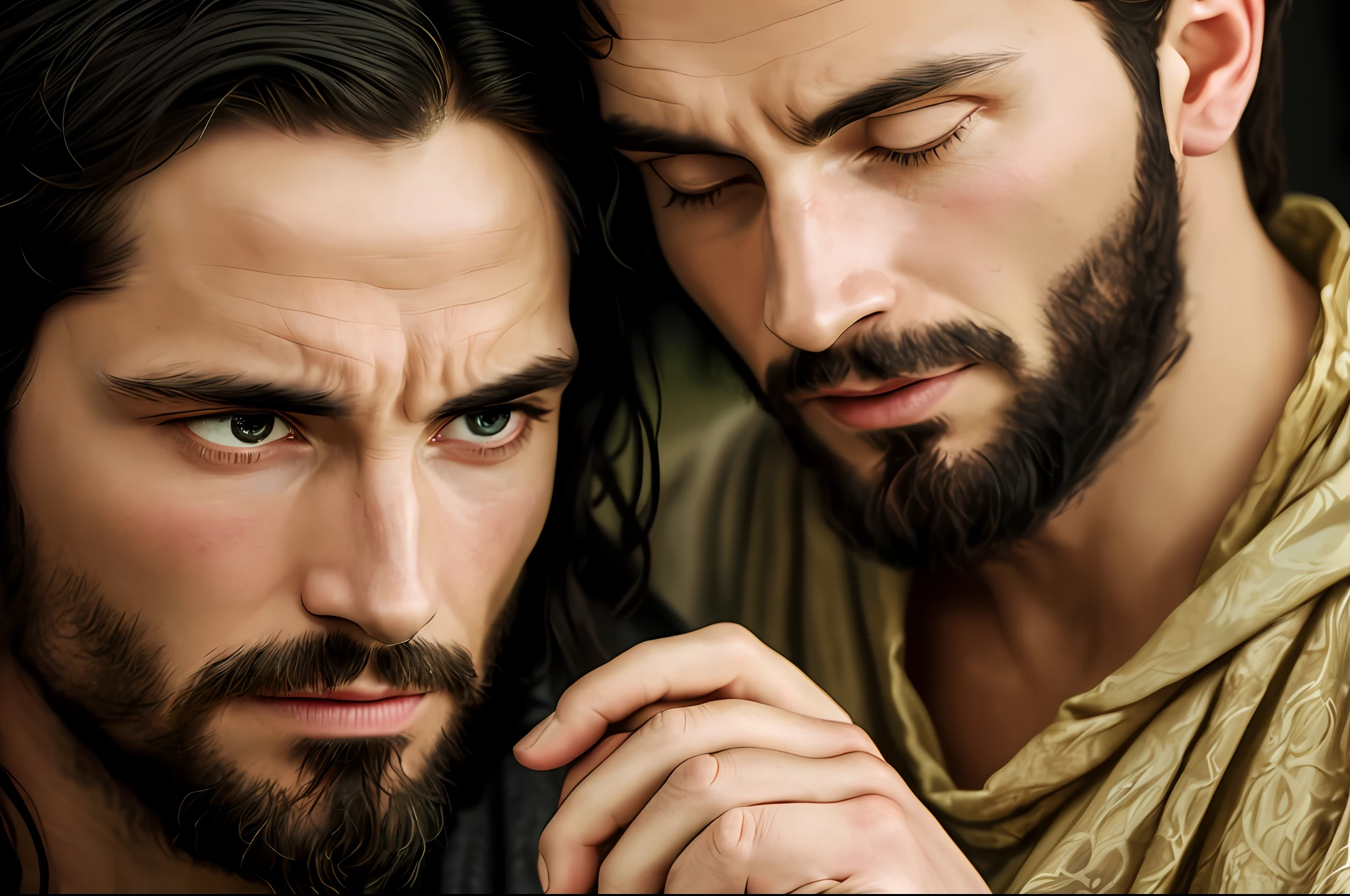 there are two people discussing, jesus christ and apostle peter , (((dressed in clothes of biblical times))),, dressed in ordinary clothing at the time, ((extreme closeup)), (close up)