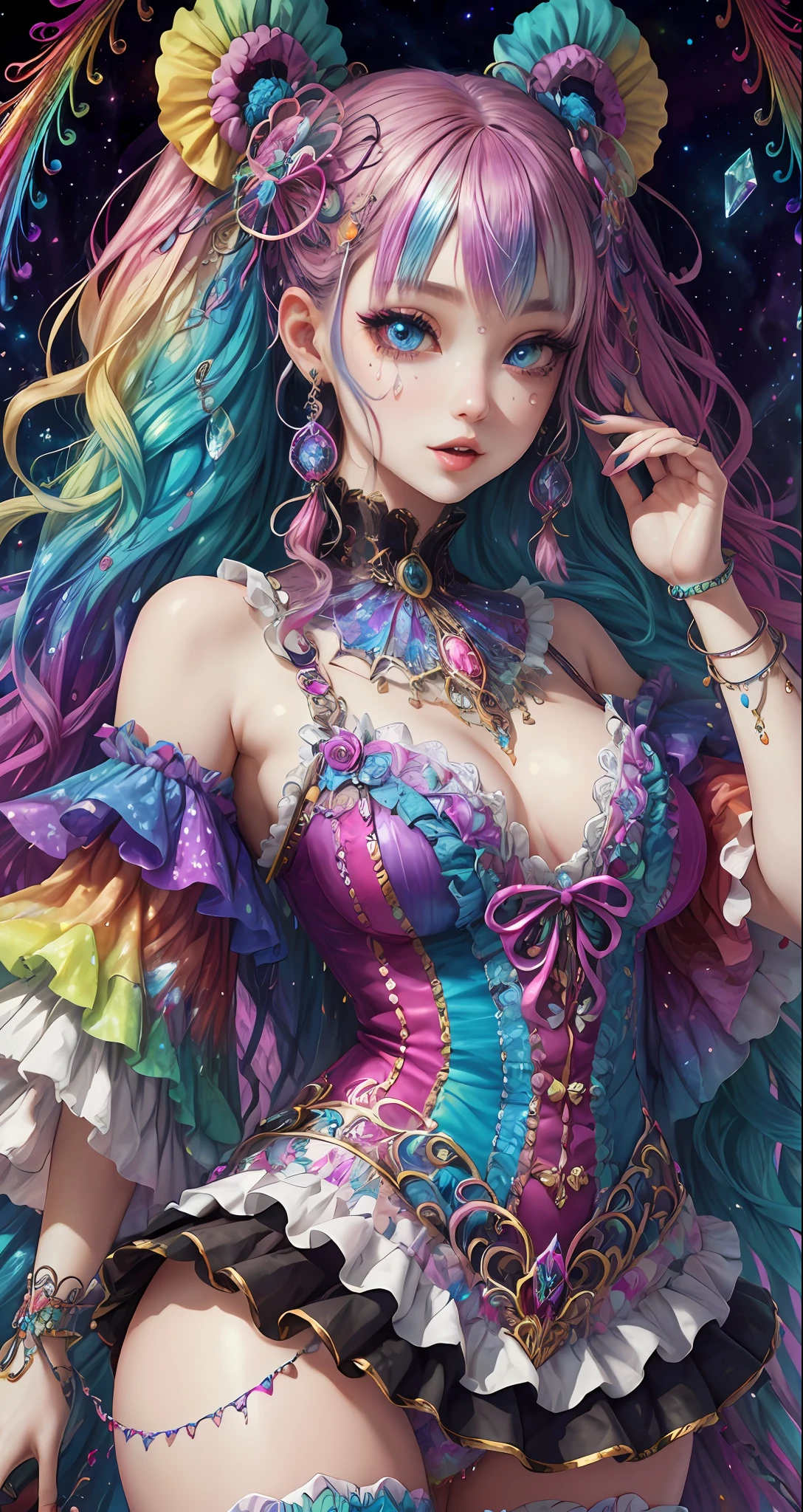 this artwork should be colorful and evoke feelings of euphoria and ecstasy. generate a beautiful fantasy woman with an interesting and dynamic manic expression. the woman is dressed in the style of harajuku decora fashion. there are many intricate and highly detailed decora fashion accents. clothing is ornate and extravagant with contrasting colors, textures, and patterns. include strong influences from lisa frank. include many awe-inspiring fantasy elements. ((include phantasmal iridescence, crystals, bumps, and rainbow colors that drip like paint through the artwork.)) rainbow paint should drip through hair and onto face and body. pay particular attention to a beautifully detailed face with realistic shading. include 8k eyes, highly detailed eyes, realistically detailed eyes, macro eyes, bright eyes. the overall feeling of this artwork should be happiness and excitement. the artwork should be highly ornate. impress me. the artwork should be highly creative and ultra ornate. include many decora decorations and accessories. (fantasy00d), high quality, highres, detail enhancement , high quality, highres, detail enhancement