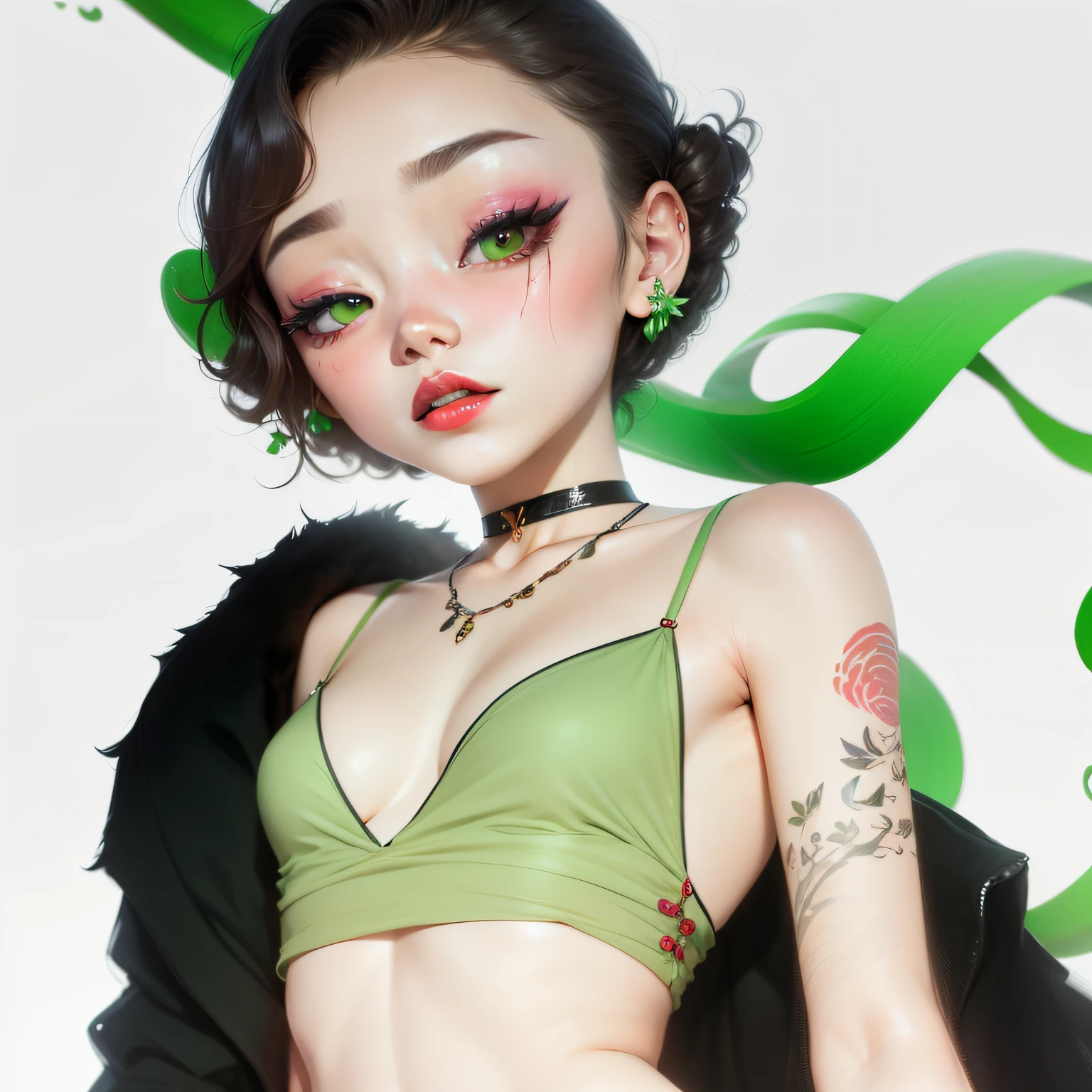Royal sister, oriental classical beauty, arm text tattoo, cold feeling, big red lips, green pupils, 8k --auto