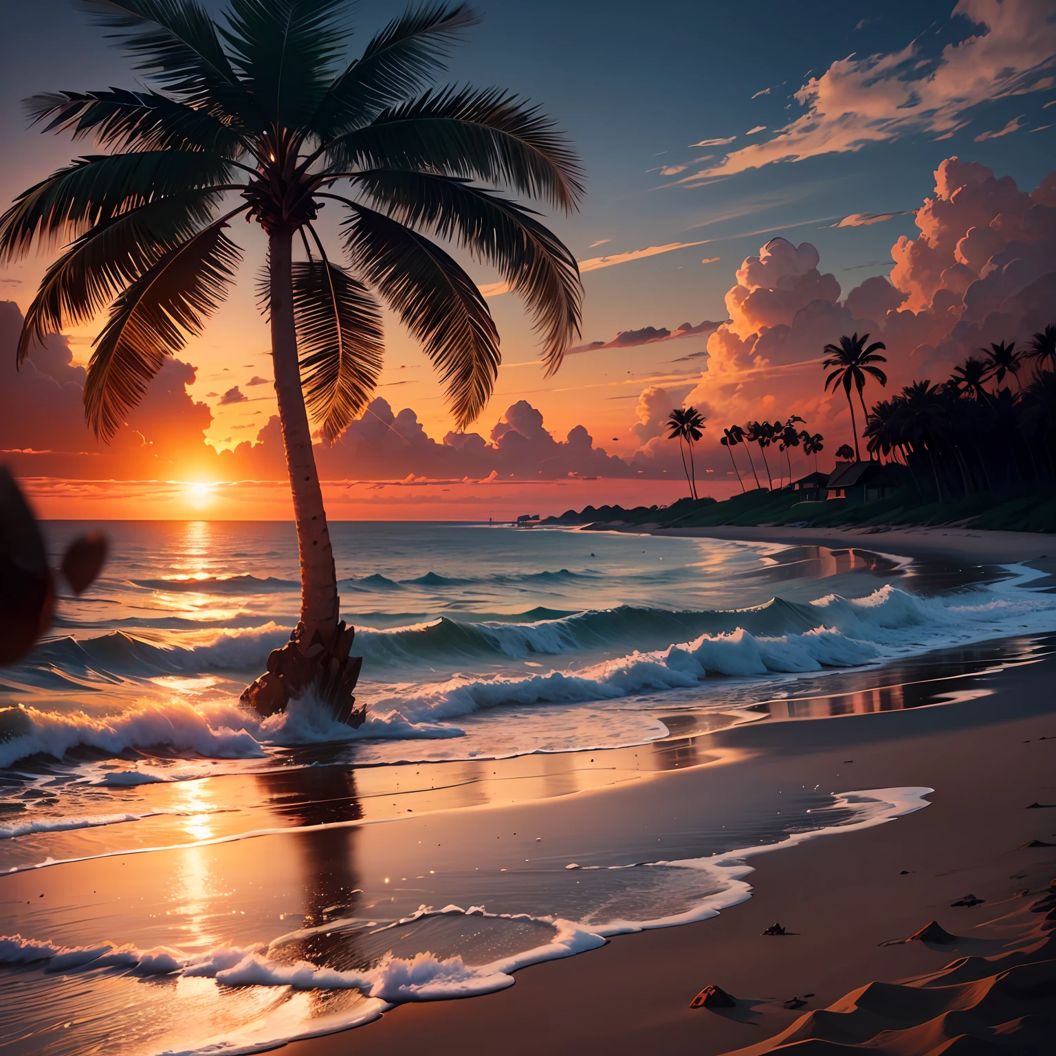 sunset coast, palm trees, blue sea, sandy beach, orange, backlight