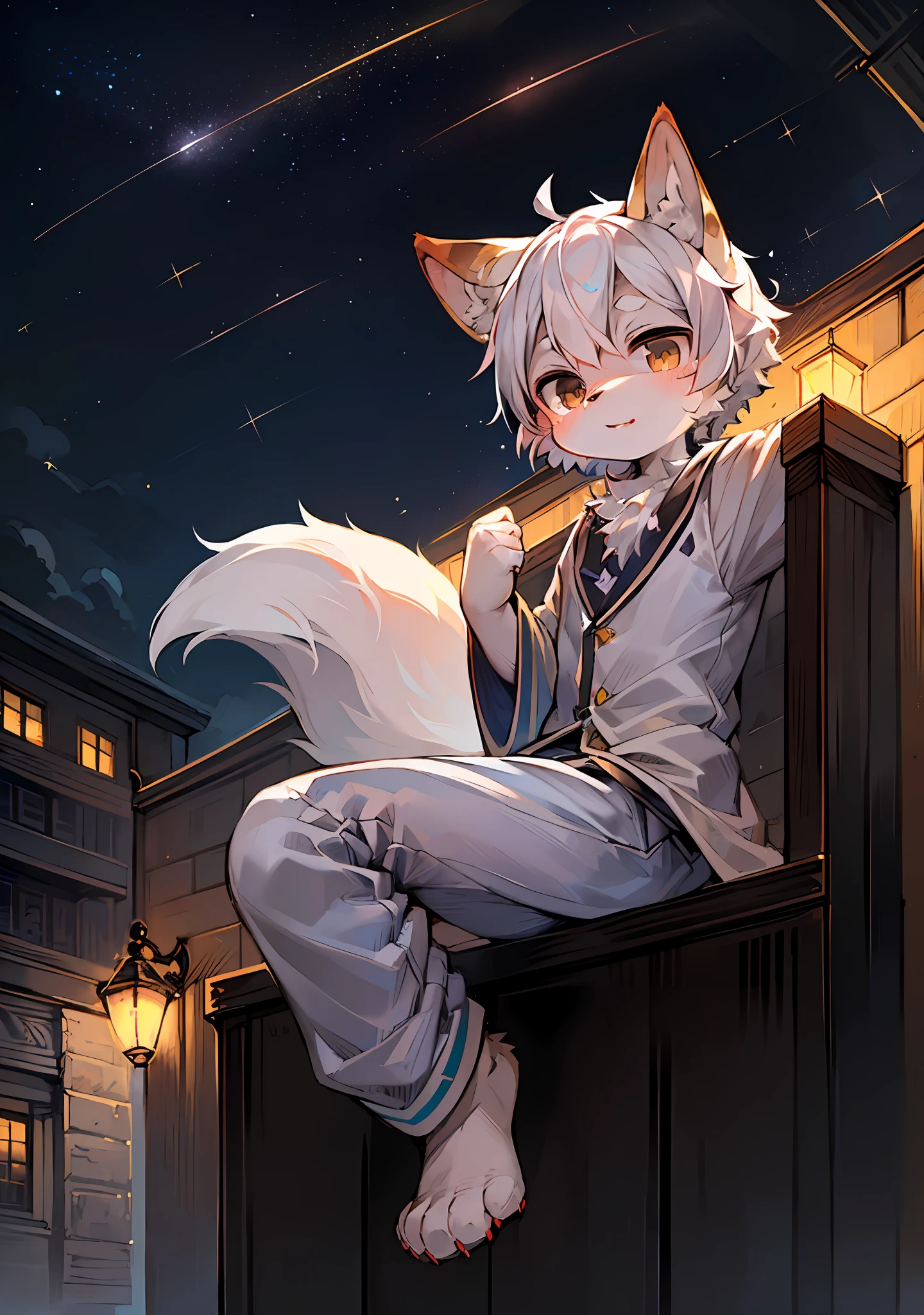 (Bright Environment: 0.8), Masterpiece, High Quality, Abstract Res, Digital Painting\(Artwork\), by Dagasi, Yupa, Kiyosan, (Anthro, Fluffy Fur, Character Focus: 1.1), Anthro Male Cat, Short Hair, Portrait , bright eyes, panorama, character focus. (Detailed background: 0.7), Furry, Furry male, Male focus, Anthr, (full body fur, fluffy big tail, white fur, white hair, black eyes: 1.2), (long canine, junior high school student, pure white robe, white trousers, white top: 1.2), (night, starry sky, shooting stars, lots of golden light spots, starry sky: 1.1)