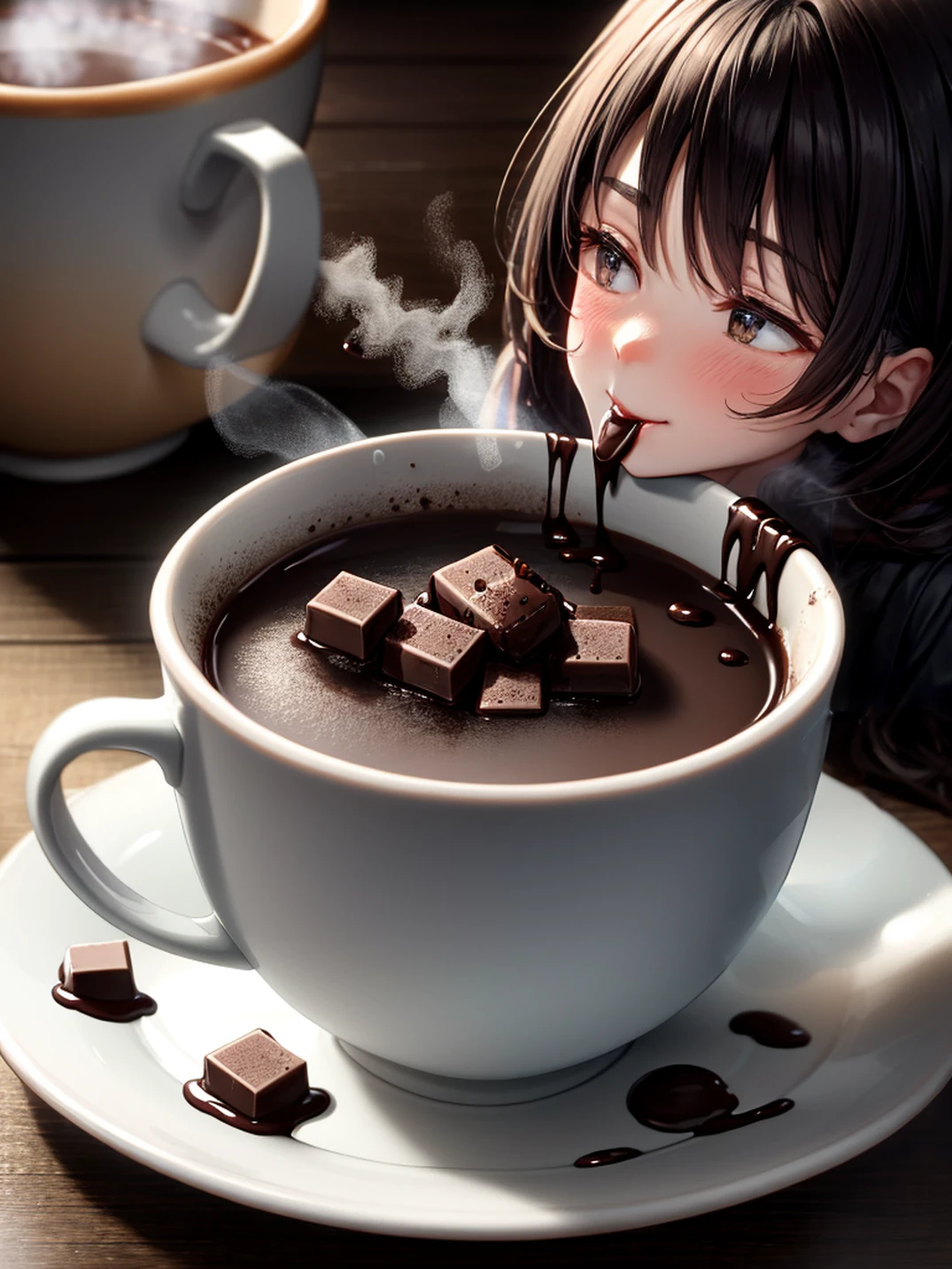 anime girl with chocolate in a cup of coffee, with a cup of hot chocolate, hot coffee, hot cocoa drink, drinking coffee, guweiz on artstation pixiv, guweiz on pixiv artstation, drinking a cup of coffee, loli, artstyle : ilya kuvshinov, smooth anime cg art