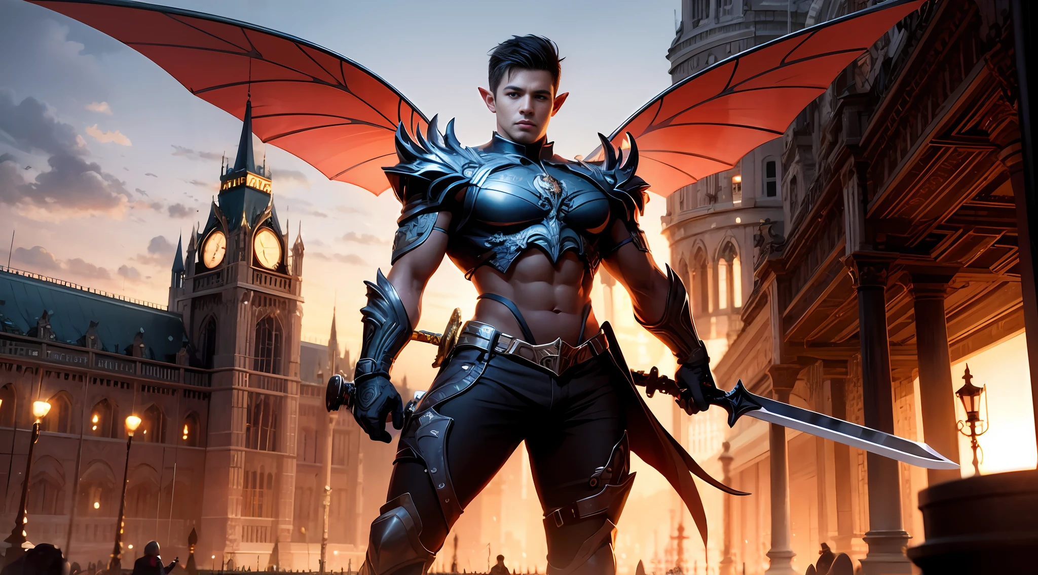 [Buff Toned Male Elf Hero cute Champion holding sword, proper proportions, fairy male handsome man, chest out, with blue and gold details, large wings, enchanted kingdom in the background, bokeh, vibrant colors, order of priority, desirable assets, RTX textures, beautiful work, superb craftsmanship, masterfully aligned, extremely intricate, detailed features, defined edges, intense focus, HDRI SDR, pic vid,  hyper realistic, high quality, maximum resolution, epic composition, cinematic lighting, full shot]:0.5 --auto