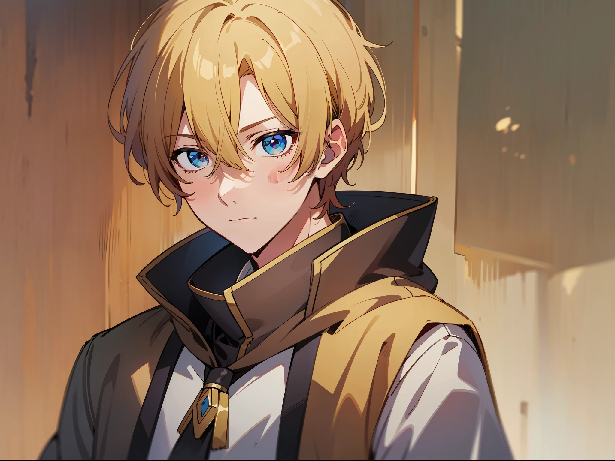 Masterpiece quality, high detail, anime guy with an unusual kind of drawing, which has one part of the hair blonde and the other part brown, one eye is blue and the other is yellow.