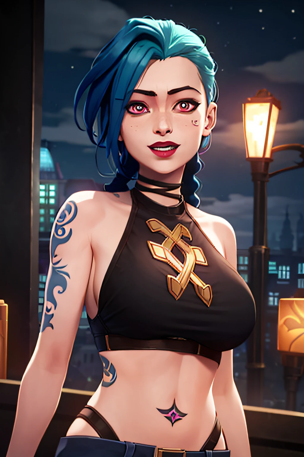arcane style, 1girl, arm tattoo, asymmetrical bangs, bangs, blue hair, braid, brown shirt, cloud tattoo, looking at the viewer, laughing, crazy, uncontrollable laughter, crazy look, night, city, green hair, long hair, diaphragm, pink eyes, red lips, shirt, solo, standing, tattoo, twin braids, upper body, arcane bad luck, bad luck \(league of legends\) big boobs