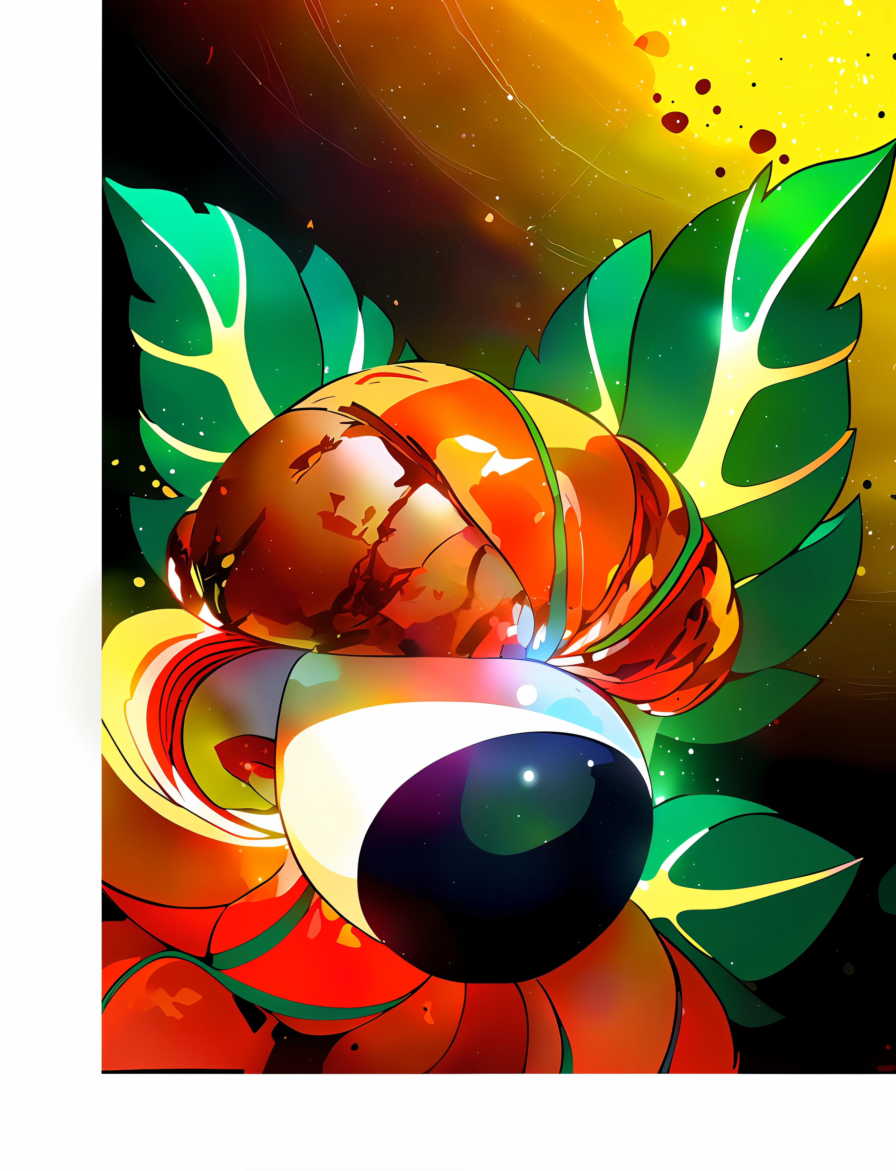 Colorful art of a fruit of guarana from Amazonia, black and white big eye and a leaf, color digital illustration, complete art illustration, color illustration, highly detailed official art, official art, in digital illustration style, digital art, little detailed. Digital Painting, Complete Art, Ultra Detailed Colored Art, Jean-Sebastien Rossbach, Painting by Android Jones, High Detail Digital Painting Vibrant Sun Background 8K