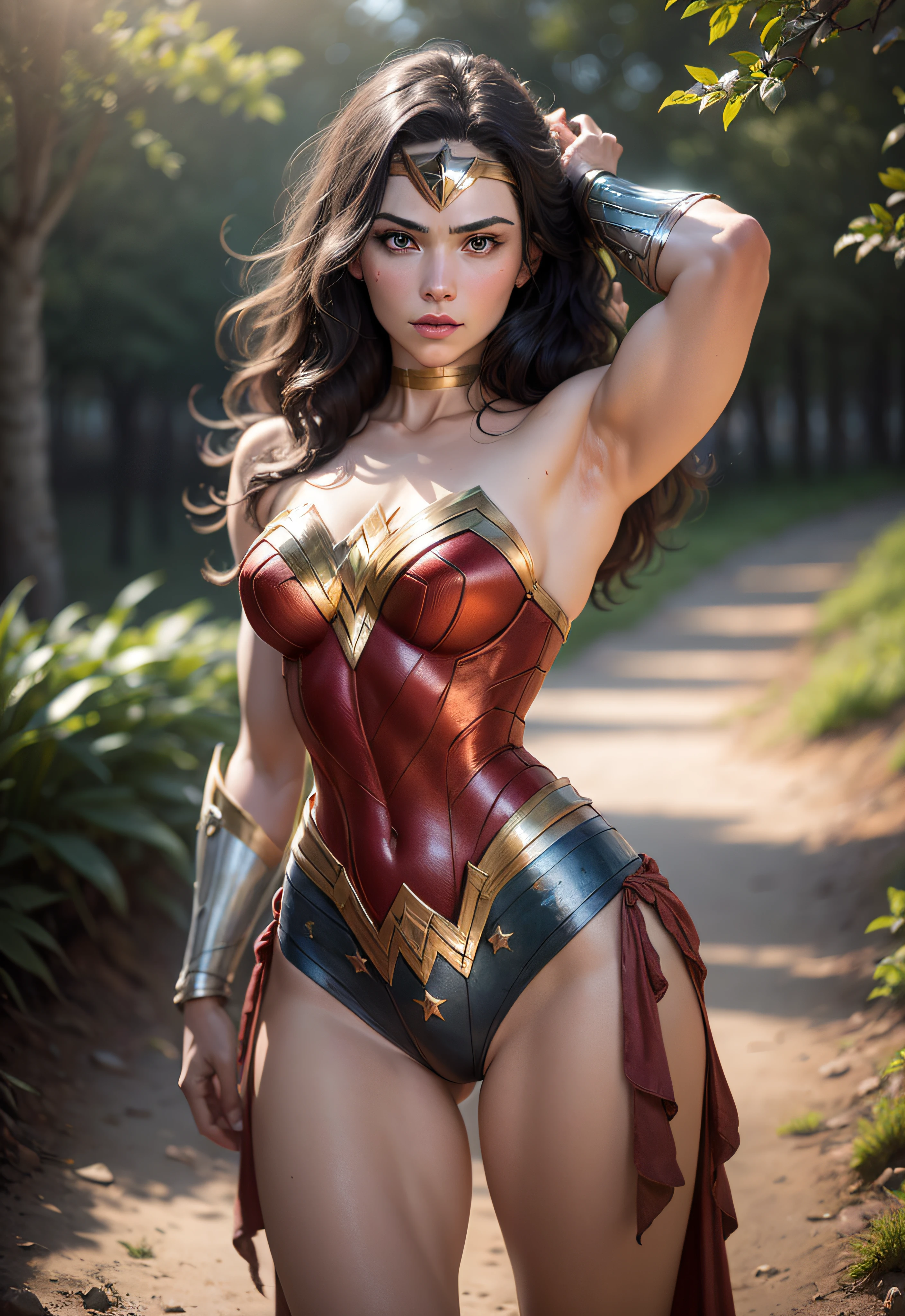 Wonder Woman, 20 years old, natural hair, realistic portrait, 4k, supreme detail, highly detailed, smooth, sharp focus, cinematic lighting, facing the camera, dark studio, rim lighting, two-tone lighting, poorly lit, discreet, full body, muscular body, realistic pose, with detailed and proportional feet and hands, showing movement and expression, standing, ancient Greek ruins, lake, trees,