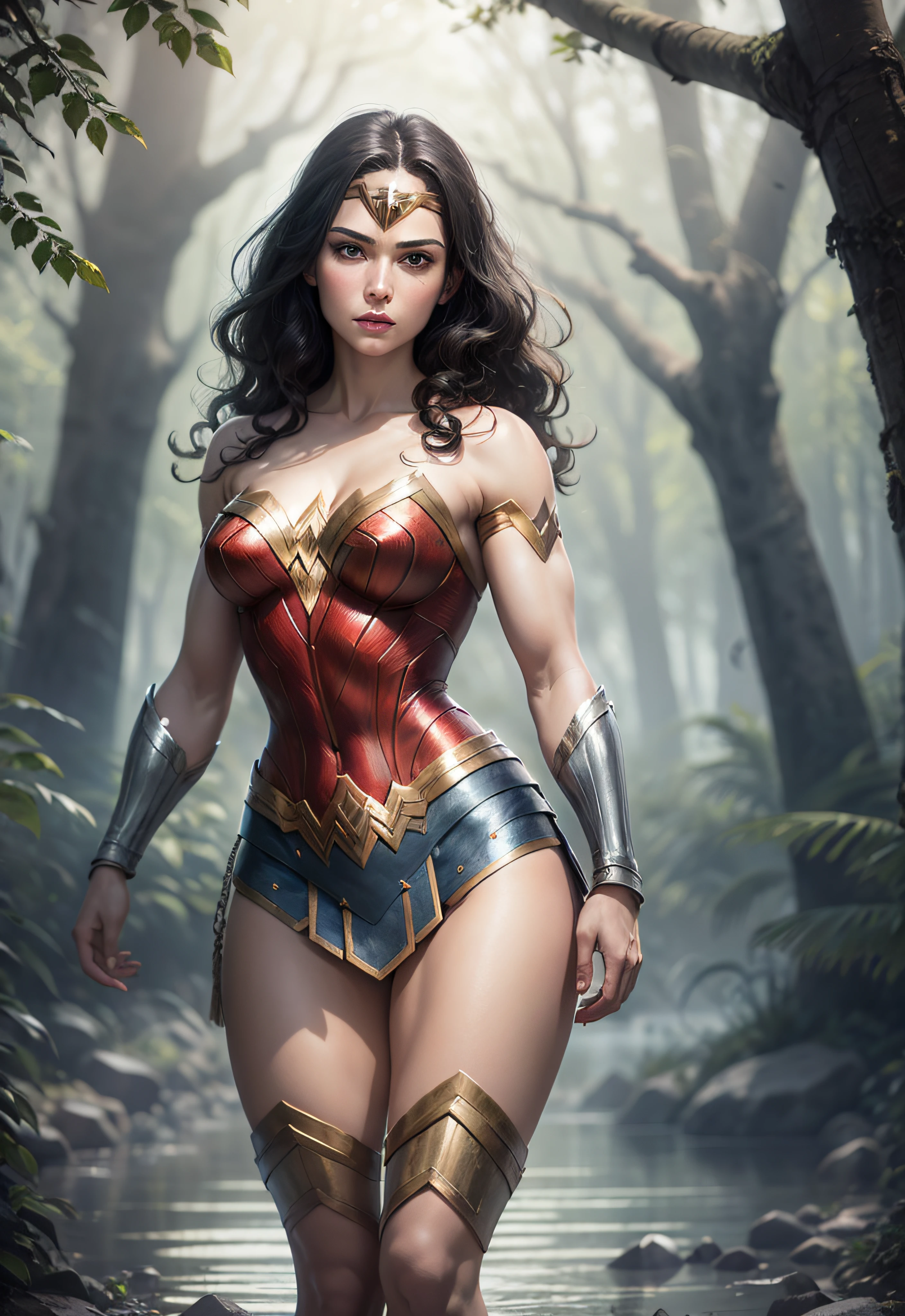 Wonder Woman, 20 years old, natural hair, realistic portrait, 4k, supreme detail, highly detailed, smooth, sharp focus, cinematic lighting, facing the camera, dark studio, rim lighting, two-tone lighting, poorly lit, discreet, full body, muscular body, realistic pose, with detailed and proportional feet and hands, showing movement and expression, standing, ancient Greek ruins,  lake, trees,