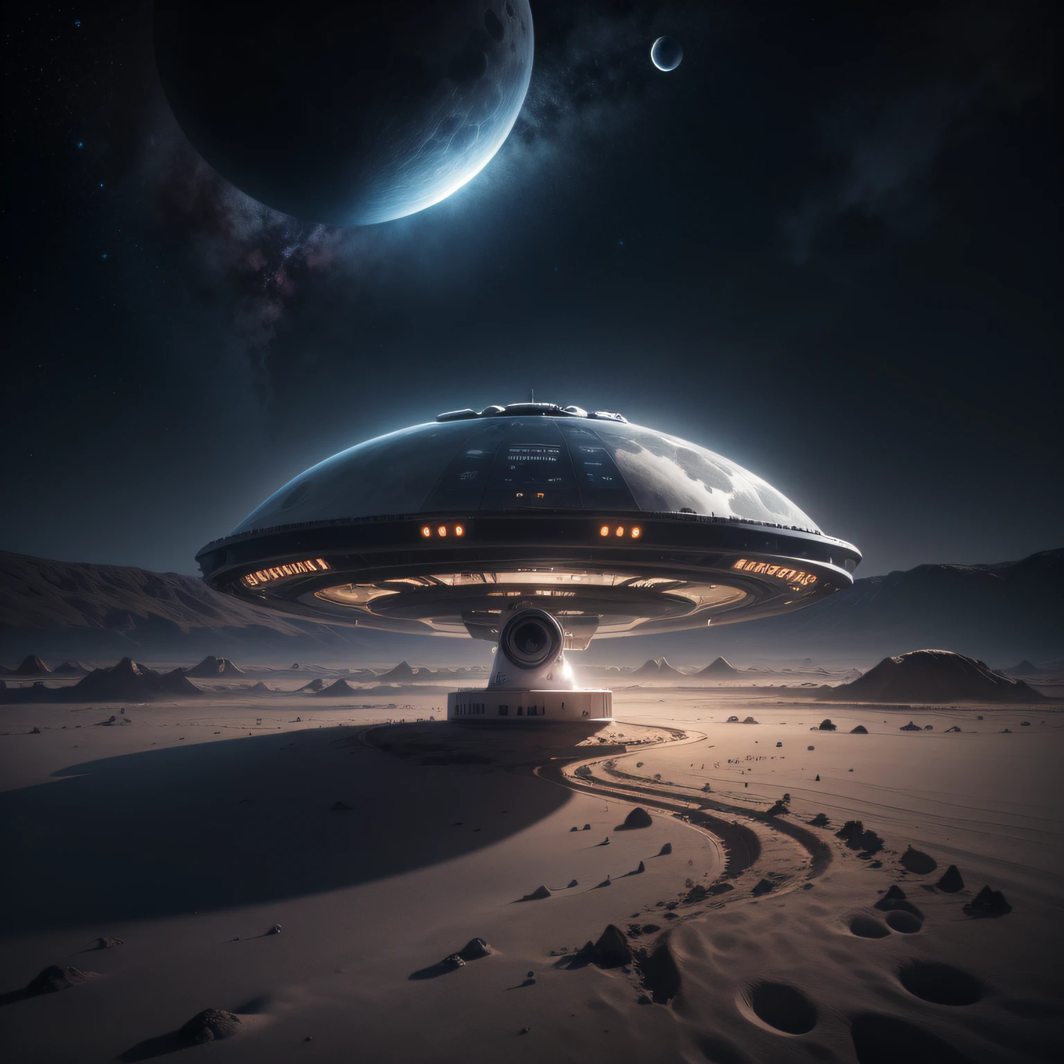 A chrome UFO floating on the dark side of the moon with mysterious lights illuminating the ground