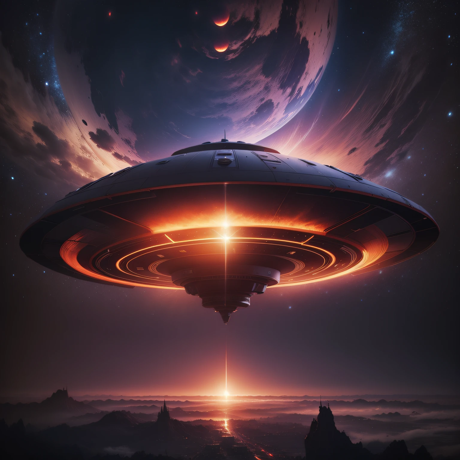 A chrome UFO floating on the dark side of the moon with mysterious lights illuminating the ground
