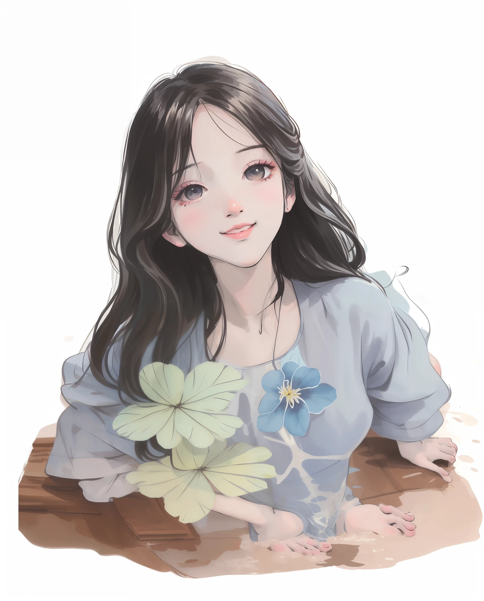 ((4k,masterpiece,best quality)), shuimobysim, traditional chinese ink painting, lotus, hanfu, maxiskit, dress conservatively 1girl, solo, long blue hair, smile, standing, feet in the water, barefoot,