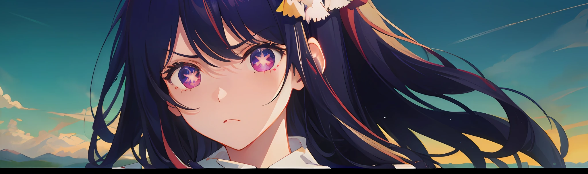 anime film, animated film poster, animated movie poster,
sunshinne on face, shiny face,
1girl, landscape, panorama, overlook,(high contrast:0.8),(distant view),blurry foreground,wind,
Hoshino Ai, long hair, purple hair, streaked hair ,purple eyes, star-shaped pupils, hair ornament,annoyed,argyle dress,
, hand in panties,
, vanishing point, cowboy shot,
masterpiece,highres,extremely detailed CG unity 8k wallpaper, best quality, ultra-detailed,
