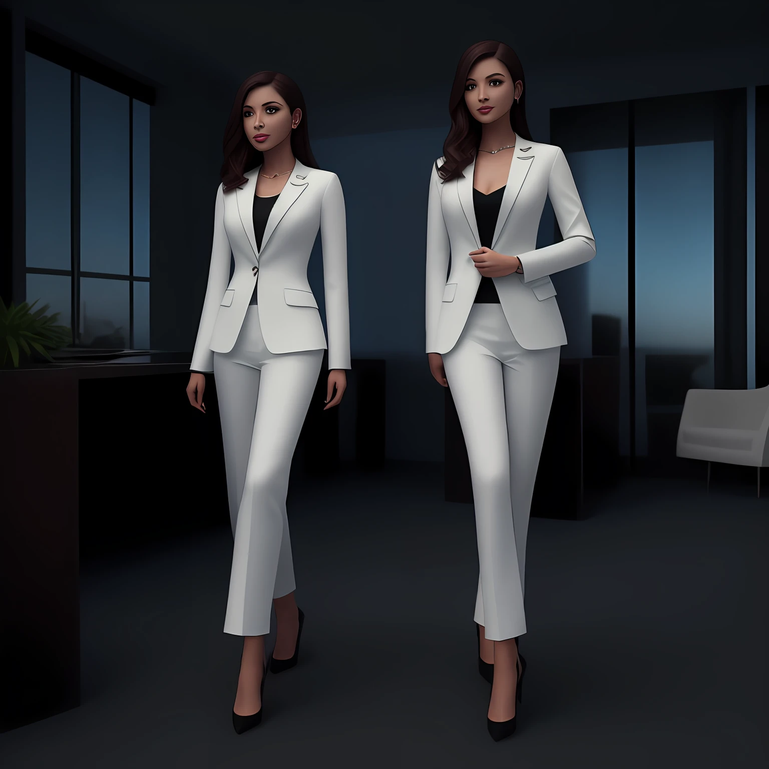 Woman in a white suit standing, woman in business suit, wearing an elegant outfit, woman in standing office, office clothes, 3D render super beautiful --auto