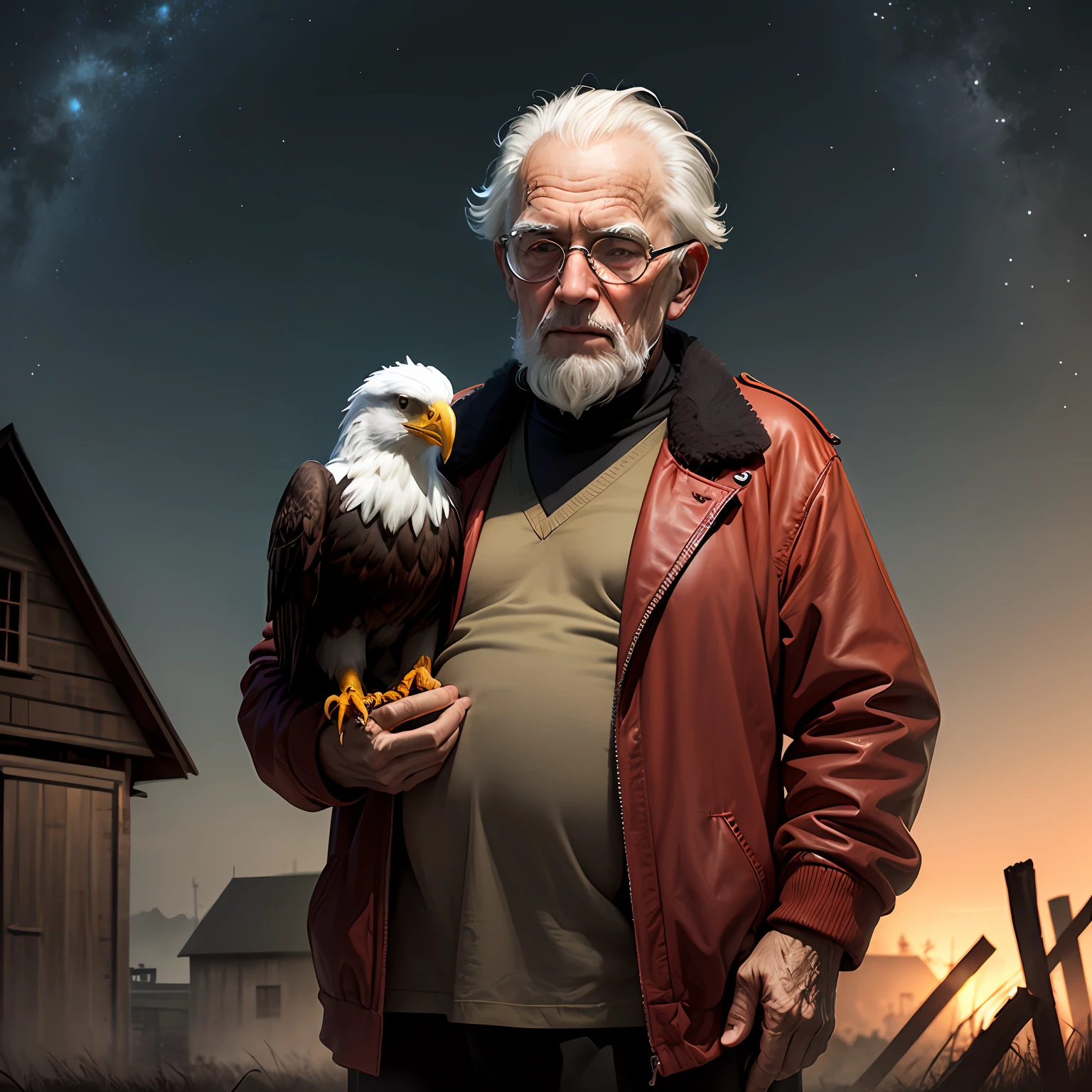 an old man with blind eyes, in front of a dark, abandoned barn, with an eagle on his shoulder, at night