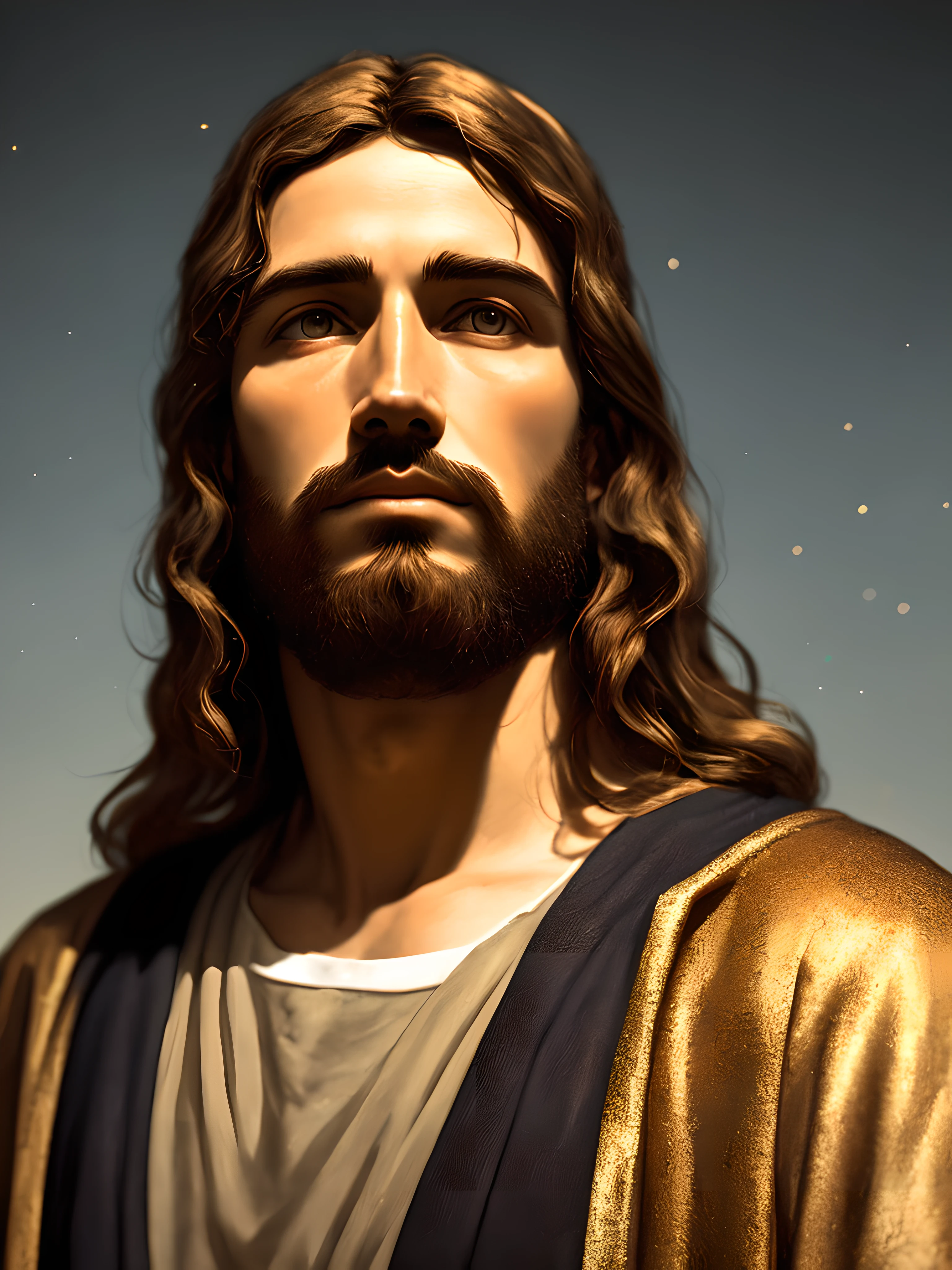 an image of Jesus, imposing, with an undeformed face, cinematic lighting, depth of field, bokeh, realism, photorealist, hyperrealism, professional photography