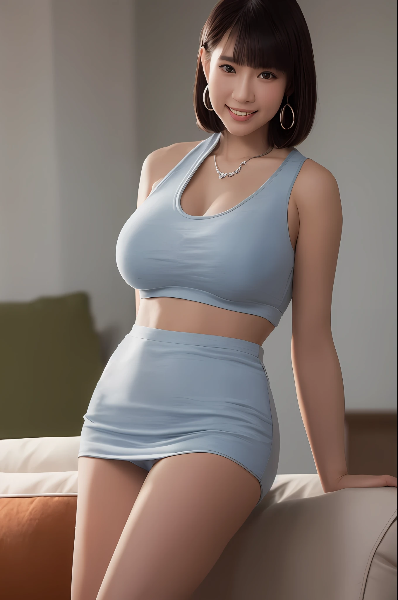 Smiling Mingchen,

absurdity, mouth closed, balanced eyes,
(Top Quality Details: 1.2), Realistic, 8K High Resolution, Super Detail, High Quality Textures, Intricate Details, Very Detailed CG, High Quality Shadows, Detail Beautiful Delicate Face, (Detail Beautiful Delicate Eyes: 1.32), Depth of Field, Ray Tracing, (Beautiful 25 Year Old Cute Japan Woman: 1), Huge Breasts, tall_female, beautiful_legs, Glow Eyes, Blush, Perfect Petite Body, Fat: 1.5, Chubby, Big, Fat, Fat, Glamorous, Flabby Swaying Belly: 1.5, Extravagant, Fat, Glamorous, Glamorous
blurry outdoor background,
silver
Tight fit, tight
bra
blue
sensible
tank top
 Open coat: 1.1, [brown_skirt]: 1, Stockings and garter belts: 1.2, Bob-cut hair, Cozy living room, Daylight, Kneeling on sofa, Earrings,Necklace, Model, View viewer, Dynamic poses, Earrings,Necklace, Model, Look at viewer, From the side, Dynamic poses, Front facing