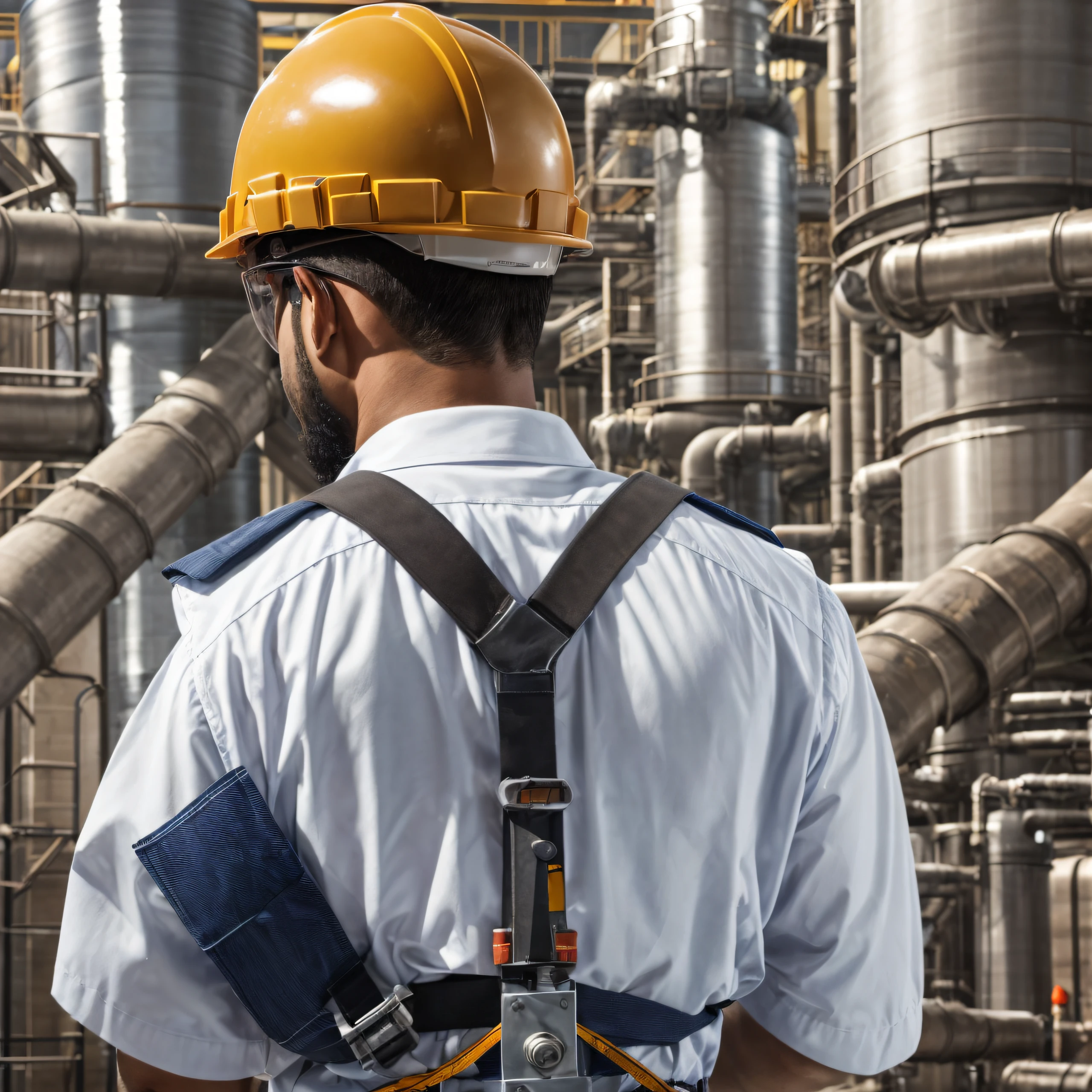 Photo of an engineer on his back, brown skin color and black beard, ultrarealistic, looking at the right side of the photo, with protective equipment, glasses, seat belt, blue uniform, helmet of white color, performing an inspection, in an industrial environment, photo background with a thermoindustrial environment, with industrial pipes, pressure vessels, tanks, on a sunny day, natural glow of sunlight --auto