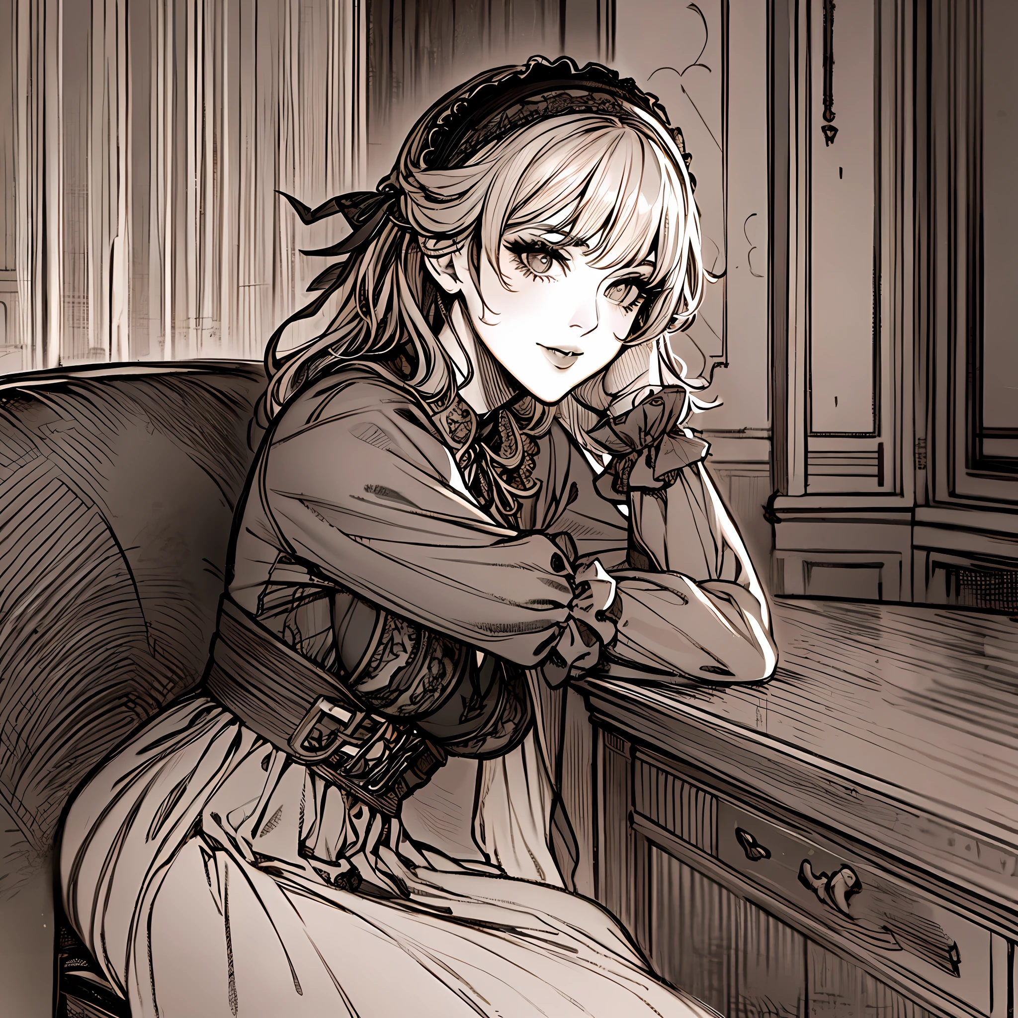 close up cute beautiful girl in coloured red victorian dress in gray night cafe, (by Luis Royo:1.3), (in style light red one colour monochrome:1.2), one coloured, detailed