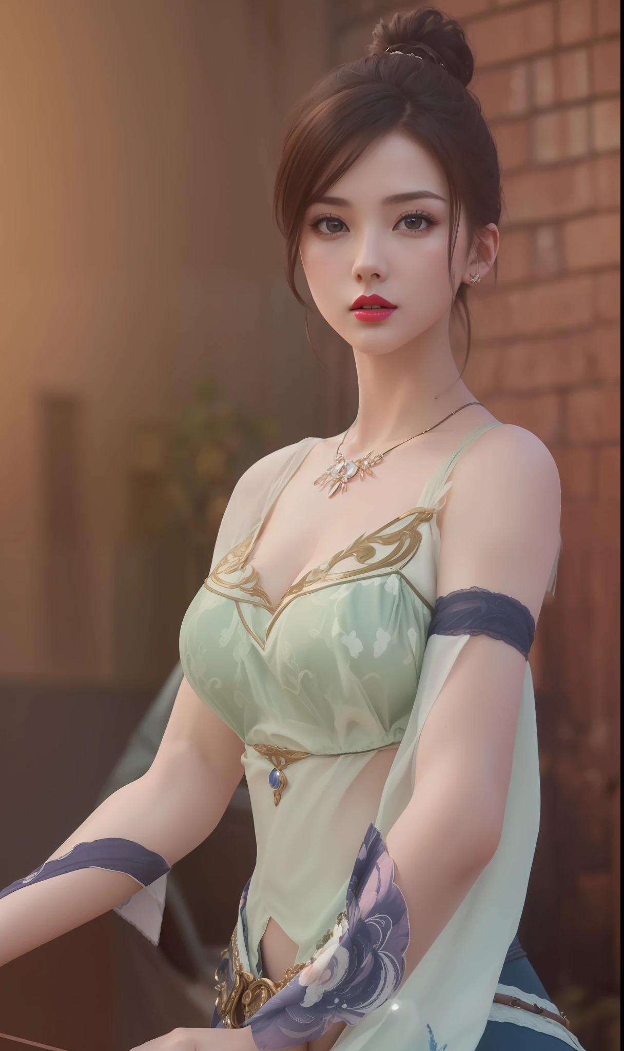 (masterpiece, best quality, extremely detailed 8k, ultra hd, ultra-detailed, highly detailed, highly realistic, ultra-realistic, photo realistic), (1girl:1.5), (detailed realistic skin), (realistic big breasts), (pink lipstick), slender abs,