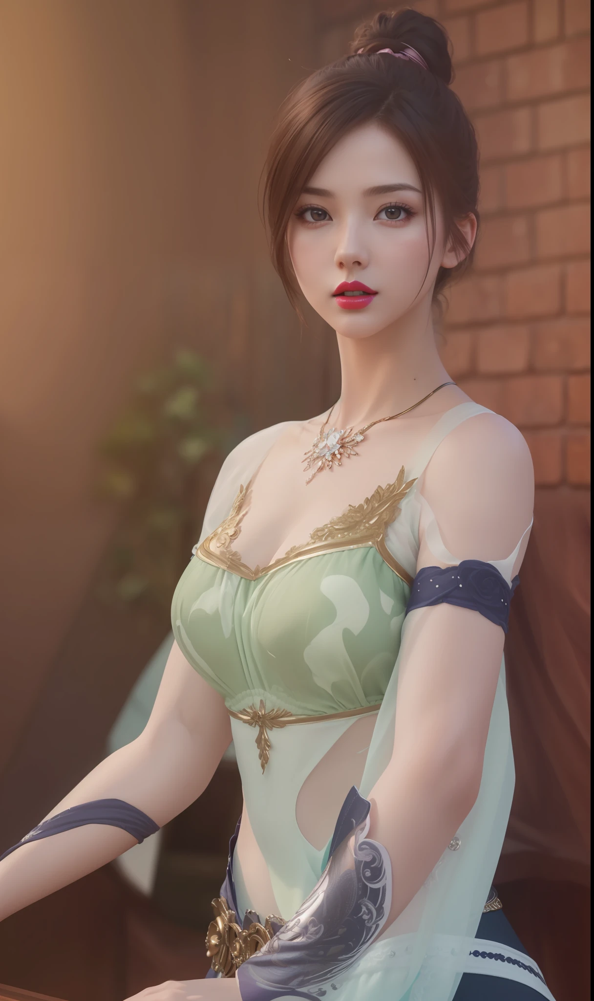 (masterpiece, best quality, extremely detailed 8k, ultra hd, ultra-detailed, highly detailed, highly realistic, ultra-realistic, photo realistic), (1girl:1.5), (detailed realistic skin), (realistic big breasts), (pink lipstick), slender abs,