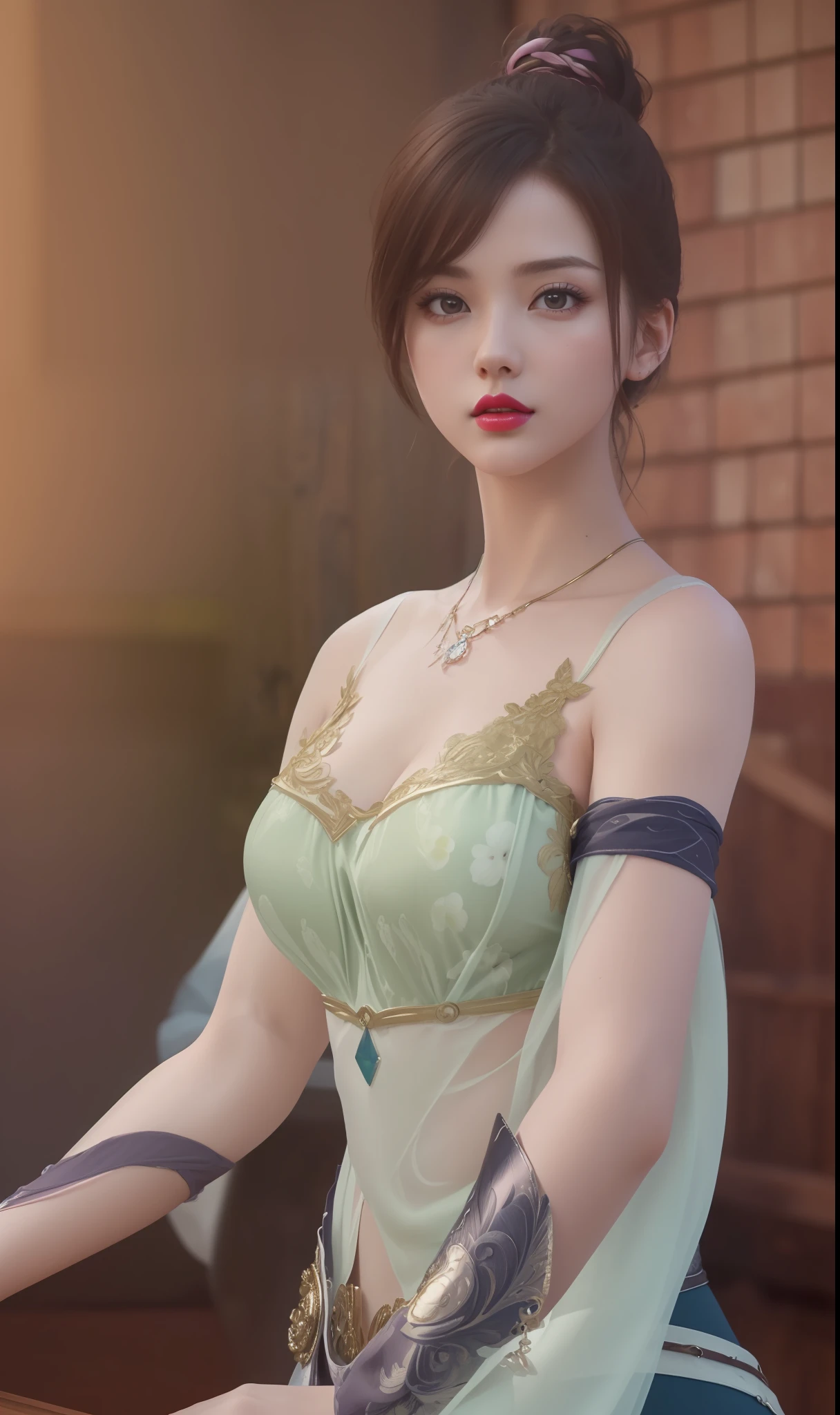 (masterpiece, best quality, extremely detailed 8k, ultra hd, ultra-detailed, highly detailed, highly realistic, ultra-realistic, photo realistic), (1girl:1.5), (detailed realistic skin), (realistic big breasts), (pink lipstick), slender abs,