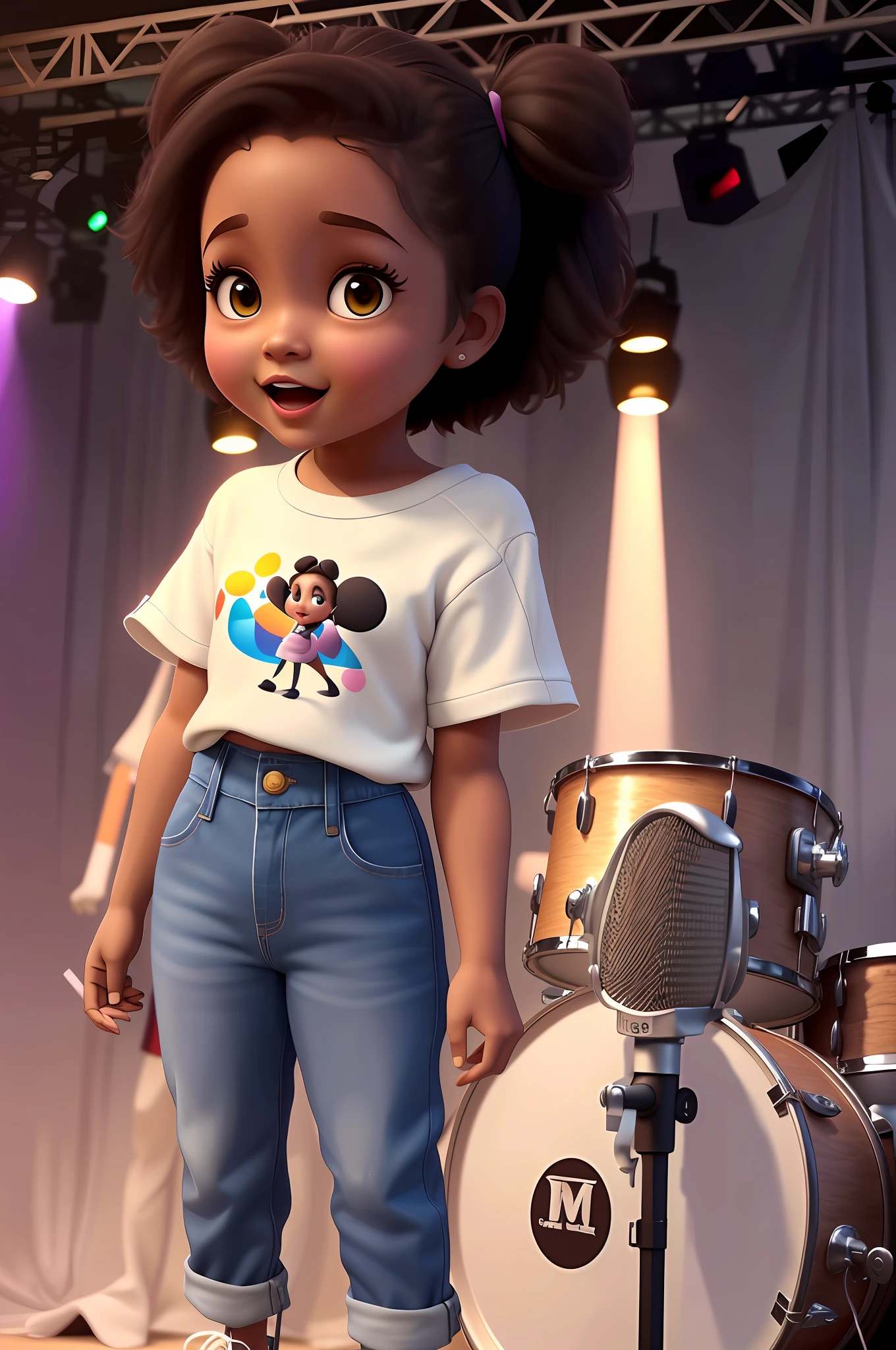 arafed image of a girl standing on a stage with a drum, in style of disney animation, in style of disney pixar, disney render, disney character style, pixar cute character design, disney style, disney pixar style, pixar renderman render, disney pixar movie still, disney artstyle, cute pixar character, pixar and disney 3d style