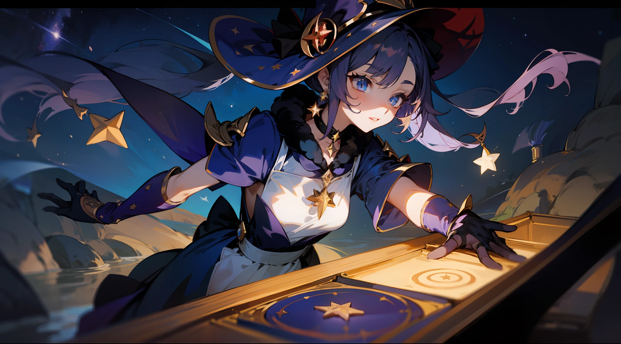 (1 girl), illustration, Mona \(Genshin Impact\), choker, star \(symbol\), witch, maid, blue eyes, shining eyes, dark purple hair, dark purple hair, ponytails, earrings, white apron, gold jewelry, landscape, night, night sky, magic, fortune teller, oracle, prediction, magician, magic, miracle, black gloves, divination, reflection, water