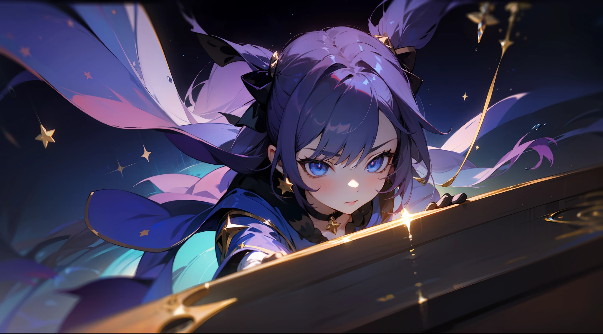 (1 girl), illustration, Mona \(Genshin Impact\), choker, star \(symbol\), witch, maid, blue eyes, shining eyes, dark purple hair, dark purple hair, ponytails, earrings, white apron, gold jewelry, landscape, night, night sky, magic, fortune teller, oracle, prediction, magician, magic, miracle, black gloves, divination, reflection, water