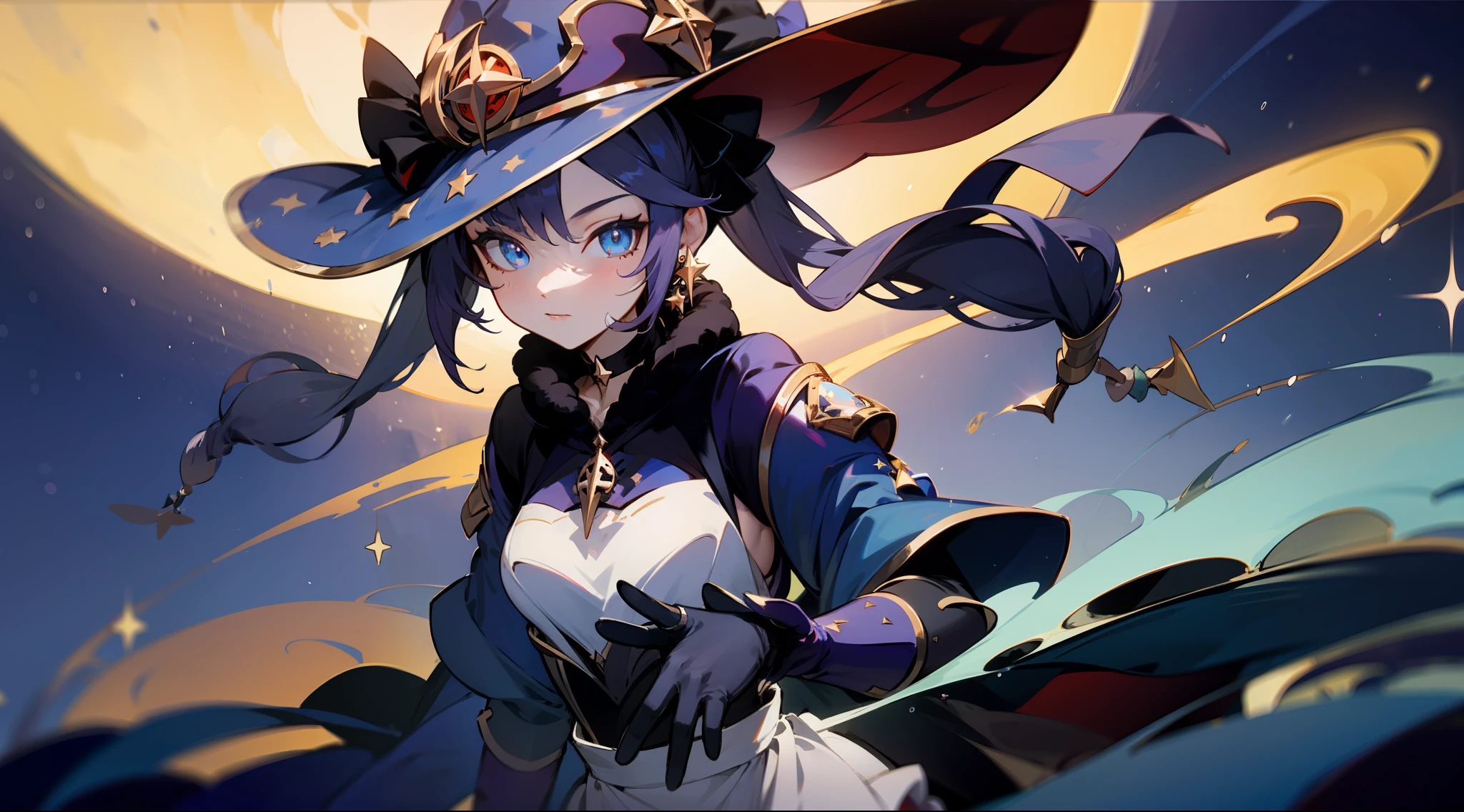 (1 girl), illustration, Mona \(Genshin Impact\), choker, star \(symbol\), witch, maid, blue eyes, shining eyes, dark purple hair, dark purple hair, ponytails, earrings, white apron, gold jewelry, landscape, night, night sky, magic, fortune teller, oracle, prediction, magician, magic, miracle, black gloves, divination, reflection, water