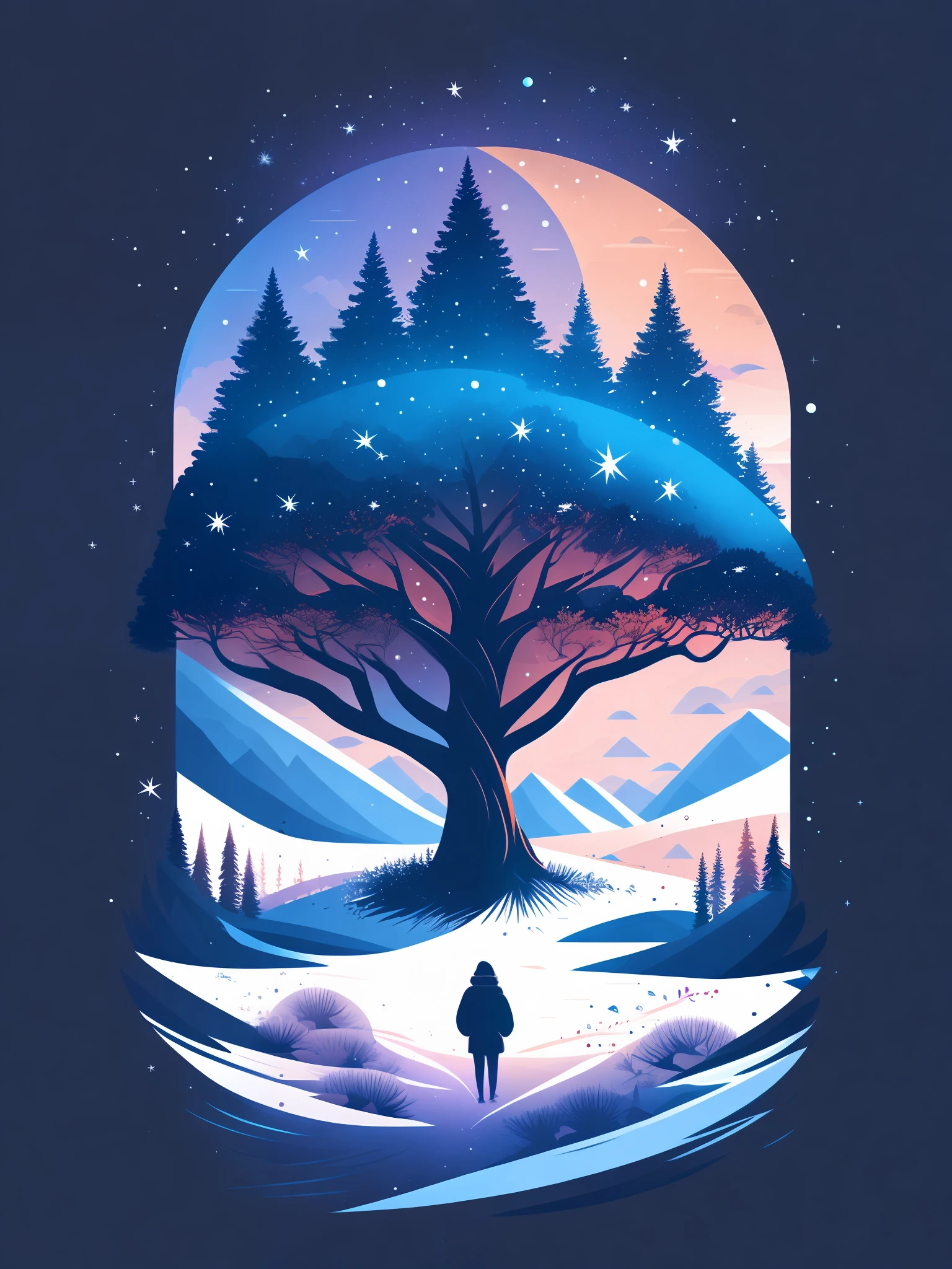 a spruice tree in a winter landscape, tshirt design, rzminjourney, vector-art